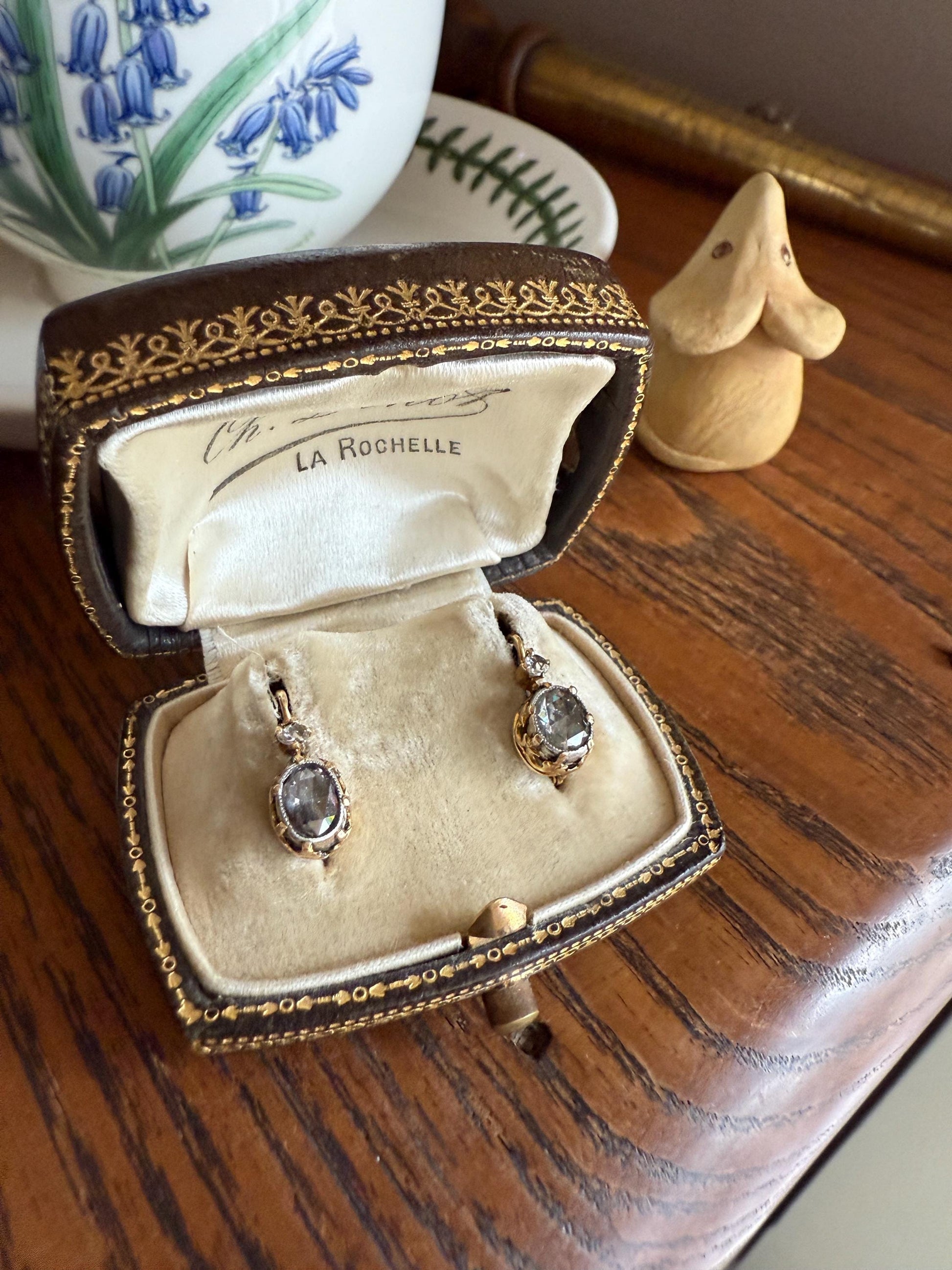 FRENCH Antique One Carat Tdw Face Up Open Back Rose Cut DIAMOND Fleur de Lis Crown Prong Earrings 18k Gold Victorian Dangle Dormeuse