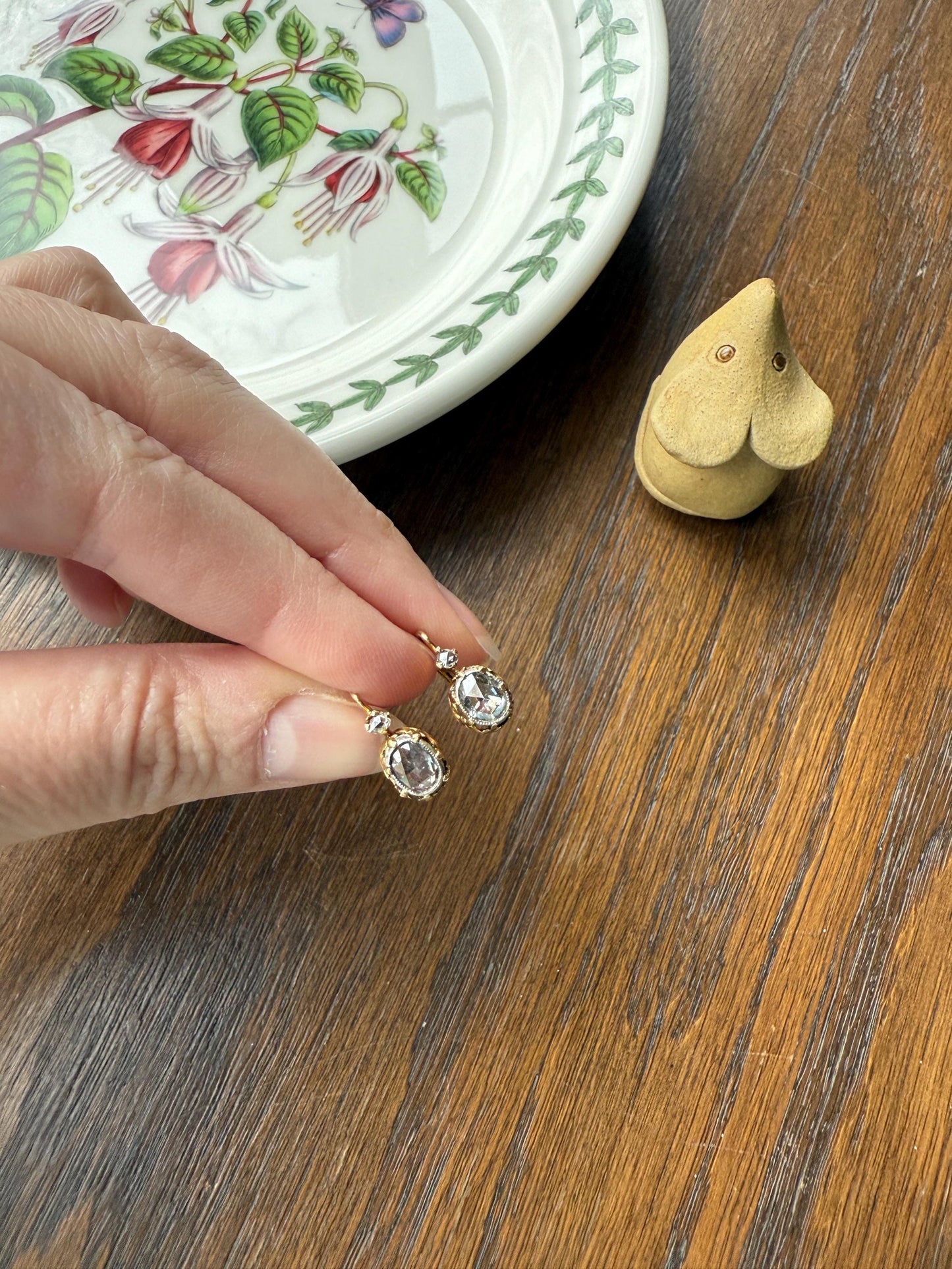 FRENCH Antique One Carat Tdw Face Up Open Back Rose Cut DIAMOND Fleur de Lis Crown Prong Earrings 18k Gold Victorian Dangle Dormeuse