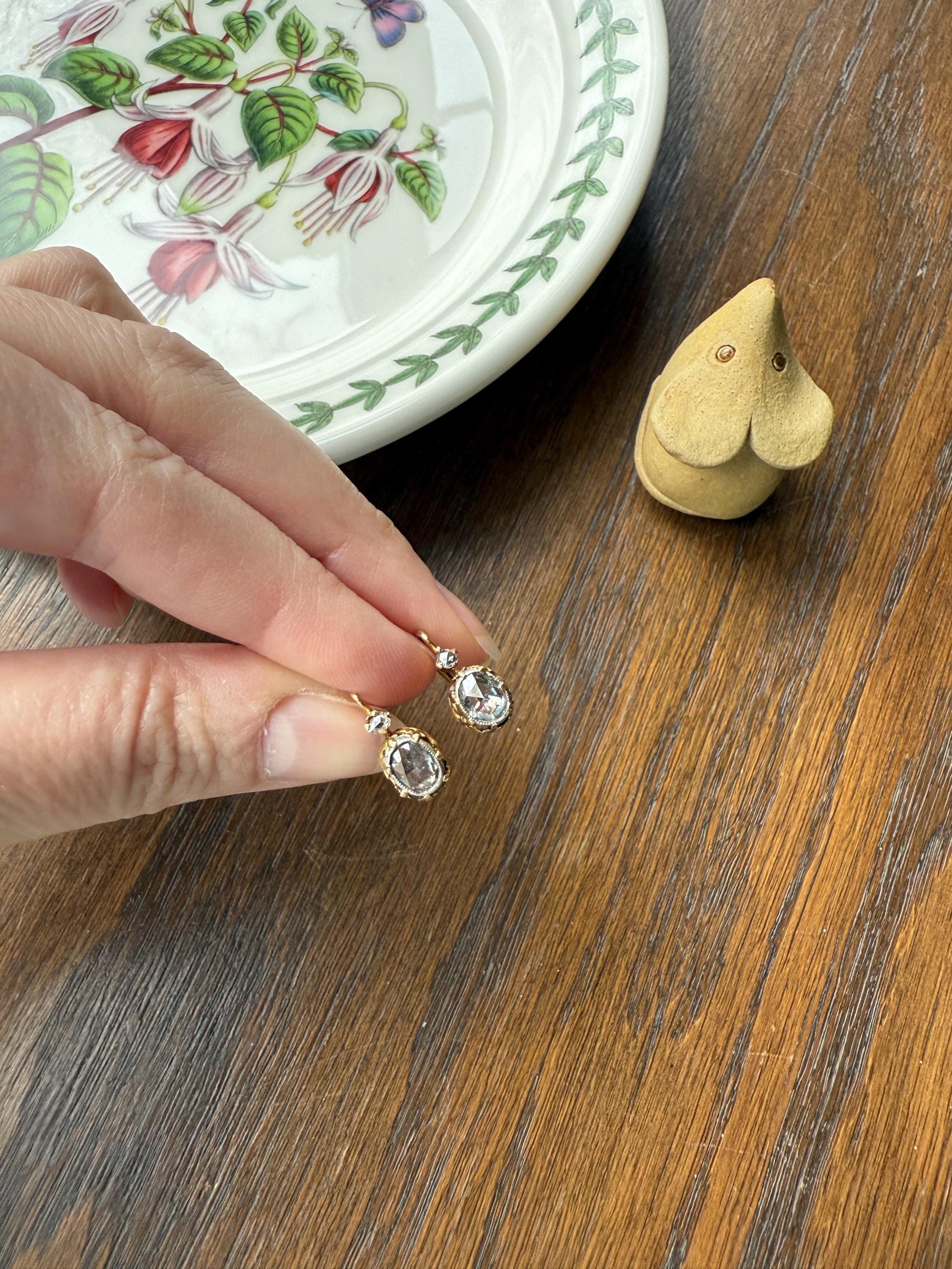 FRENCH Antique One Carat Tdw Face Up Open Back Rose Cut DIAMOND Fleur de Lis Crown Prong Earrings 18k Gold Victorian Dangle Dormeuse