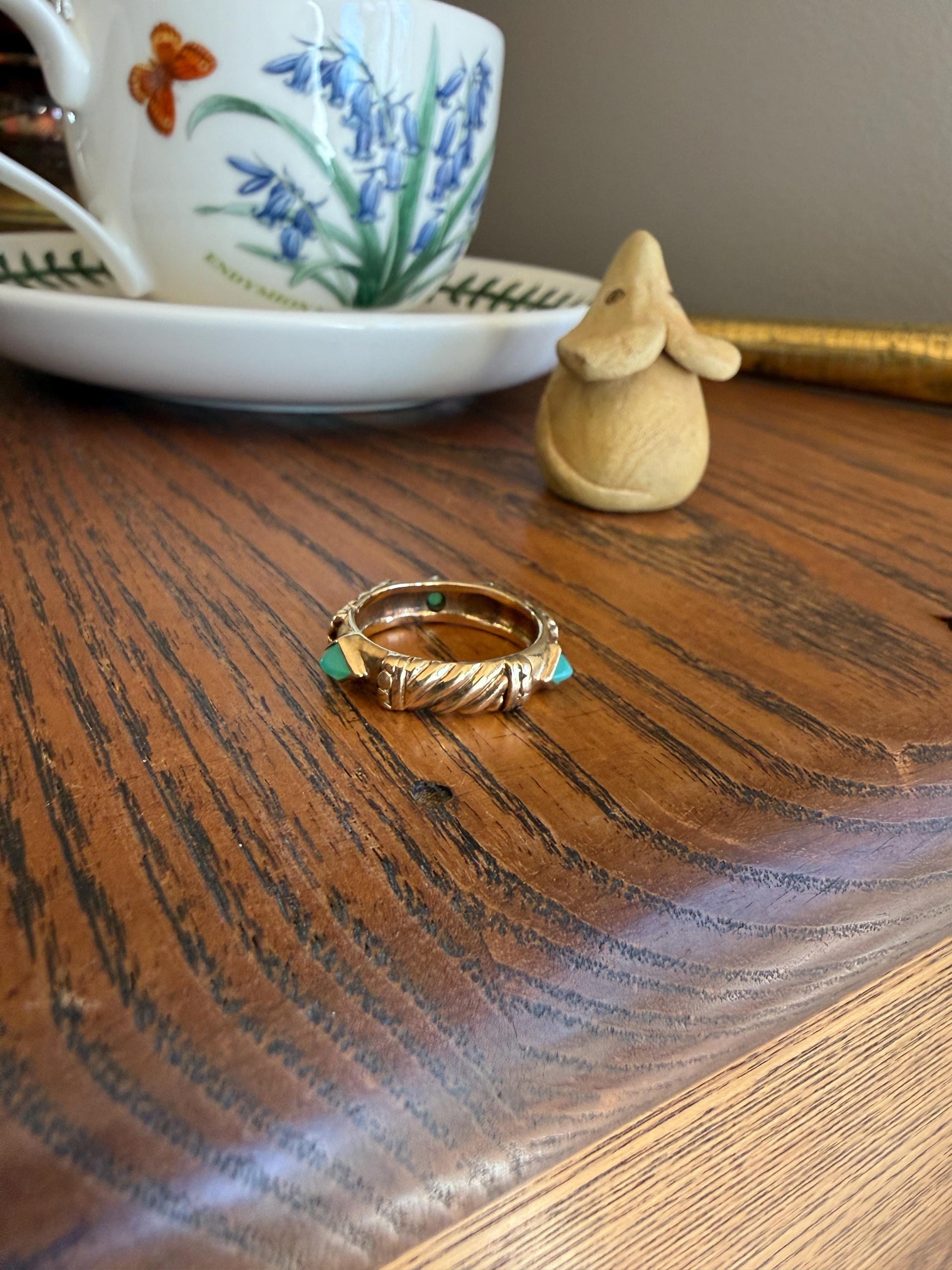 Vintage Pyramid Green Chalcedony Braid Rivet 3D Chunky Band 10k Gold Ring Retro Stacker Texture