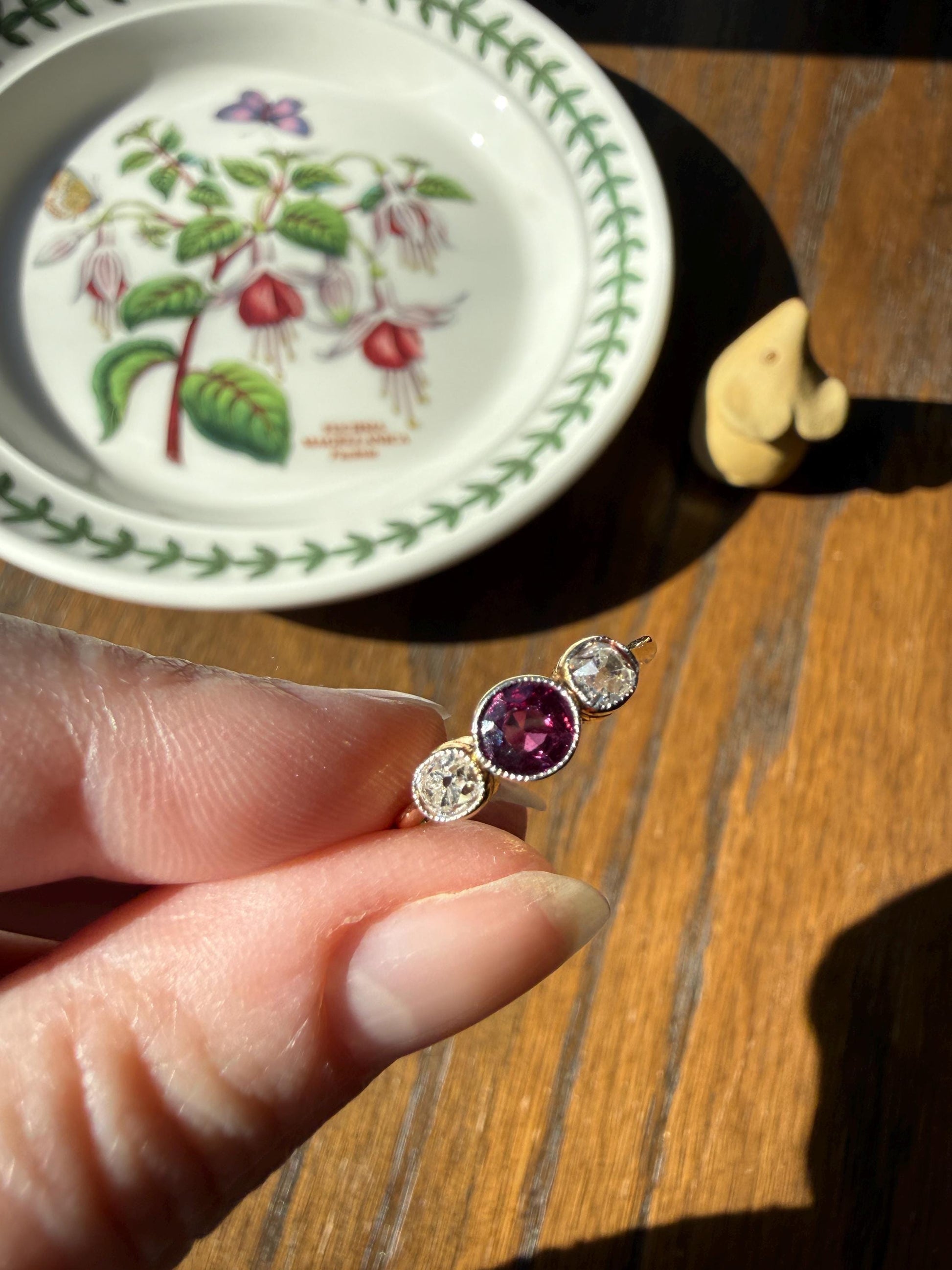 Antique Natural Pinkish Red Ruby Old Mine Cut Diamond Three Stone Band 18k Gold Platinum Ring Stacker