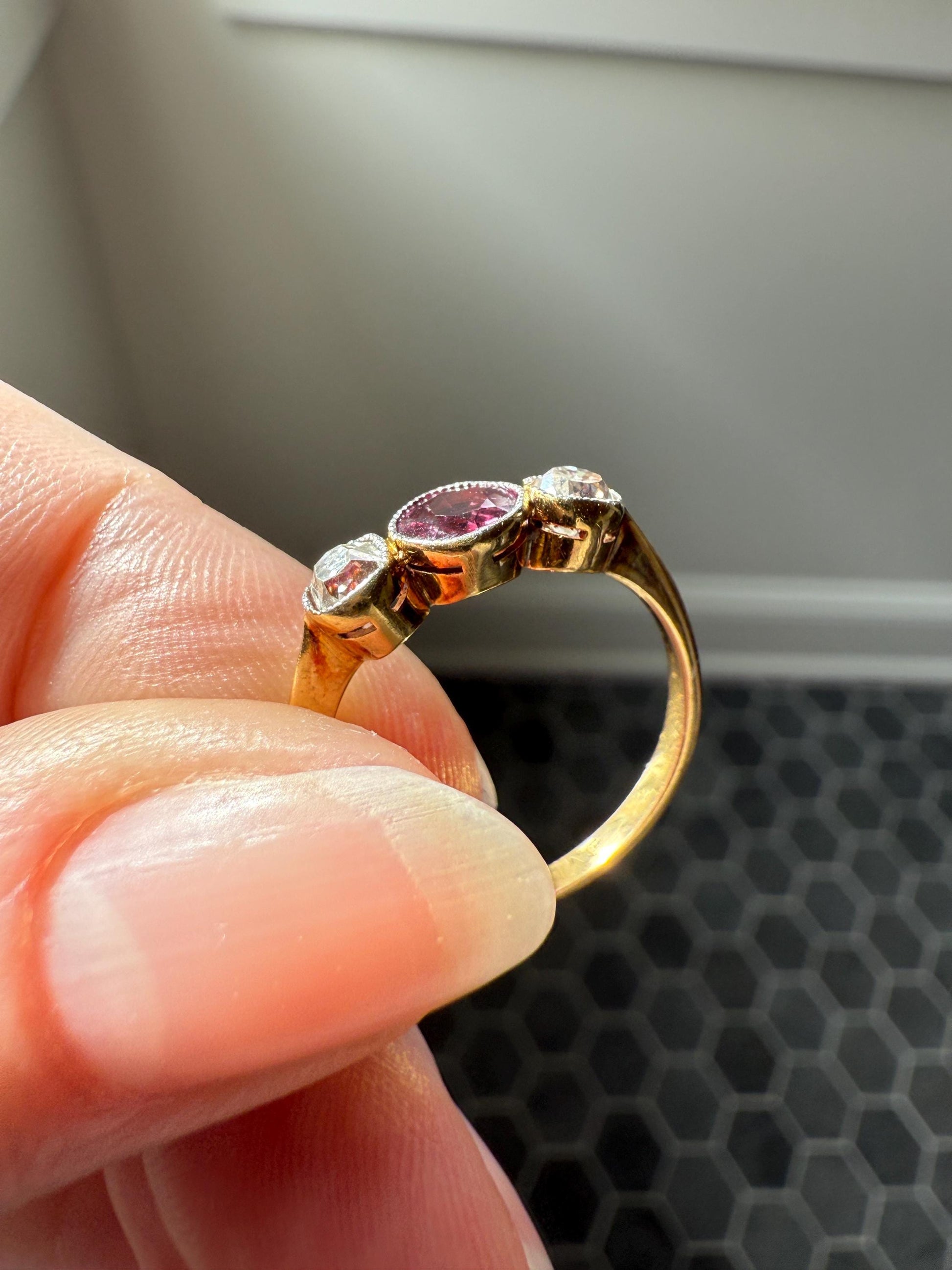 Antique Natural Pinkish Red Ruby Old Mine Cut Diamond Three Stone Band 18k Gold Platinum Ring Stacker