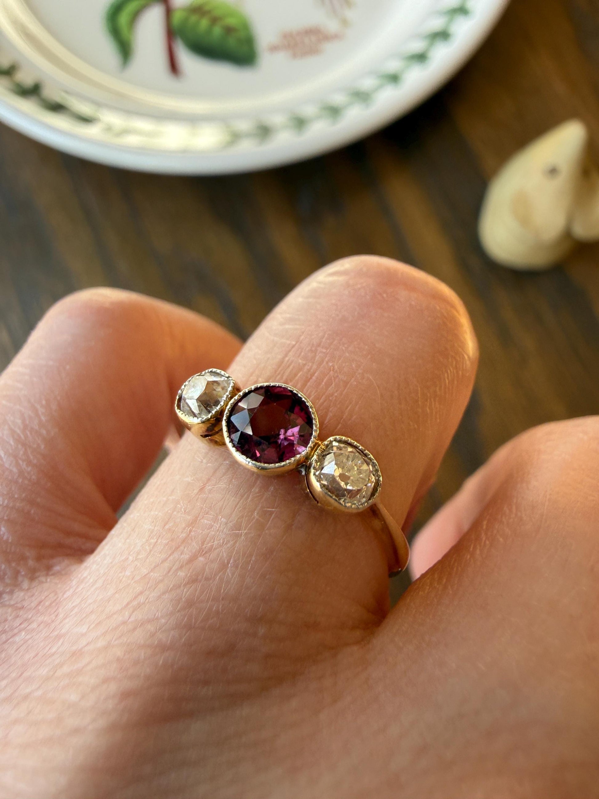 Antique Natural Pinkish Red Ruby Old Mine Cut Diamond Three Stone Band 18k Gold Platinum Ring Stacker