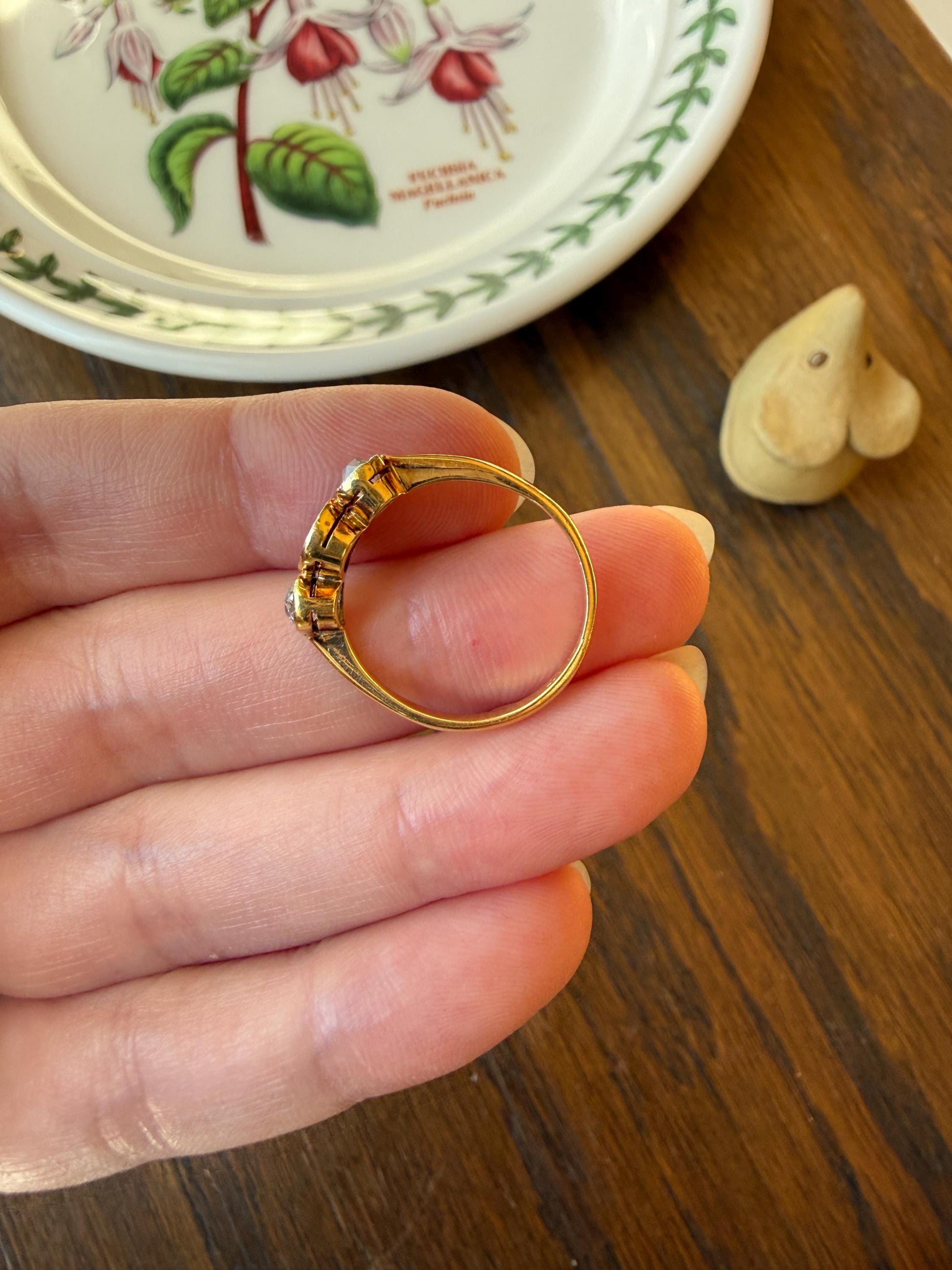 Antique Natural Pinkish Red Ruby Old Mine Cut Diamond Three Stone Band 18k Gold Platinum Ring Stacker