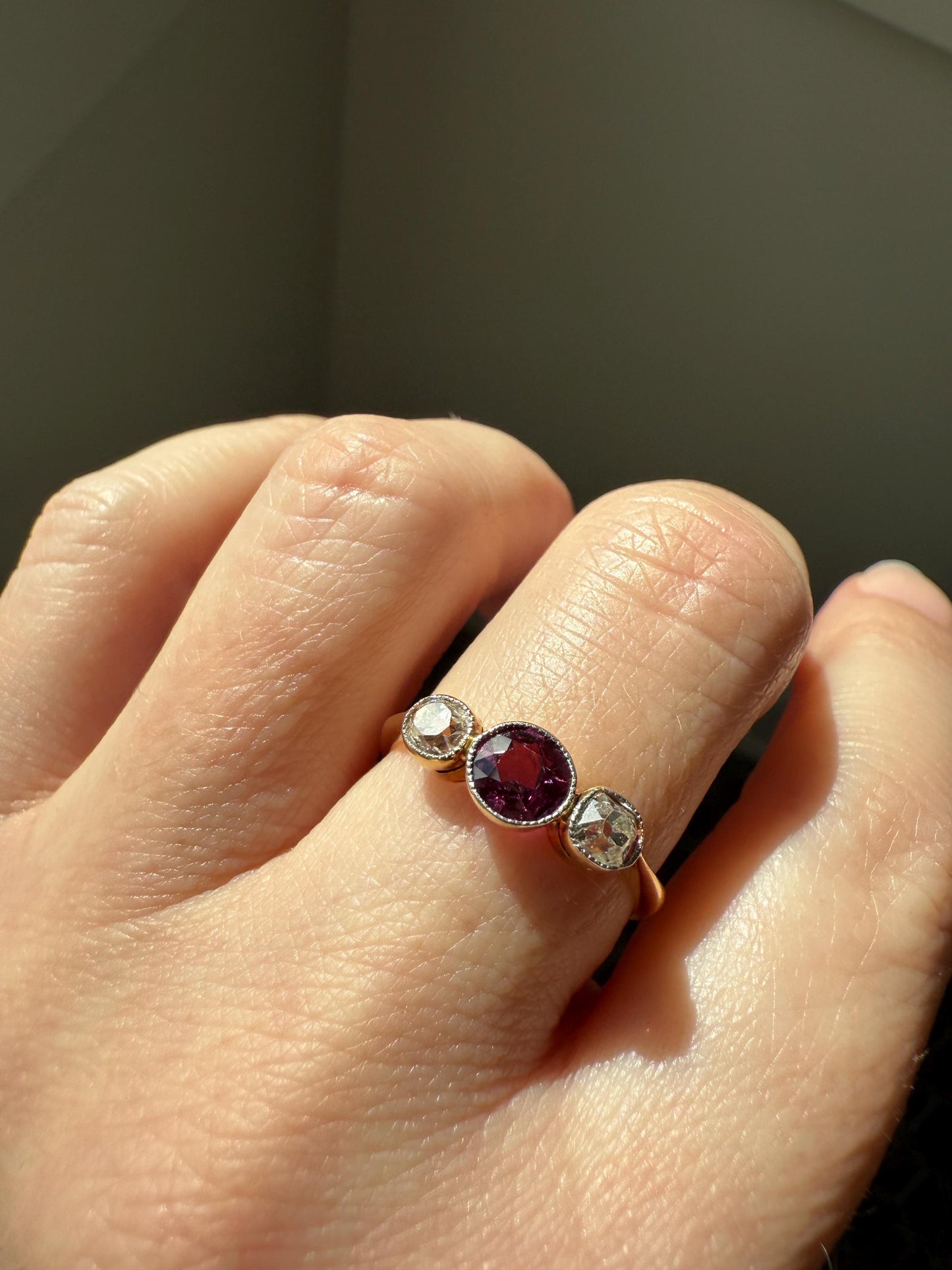 Antique Natural Pinkish Red Ruby Old Mine Cut Diamond Three Stone Band 18k Gold Platinum Ring Stacker