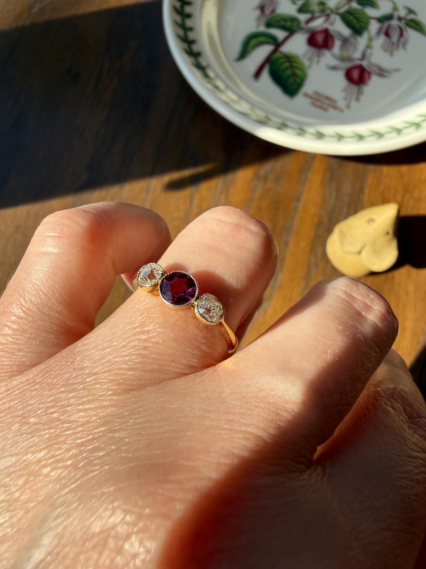 Antique Natural Pinkish Red Ruby Old Mine Cut Diamond Three Stone Band 18k Gold Platinum Ring Stacker