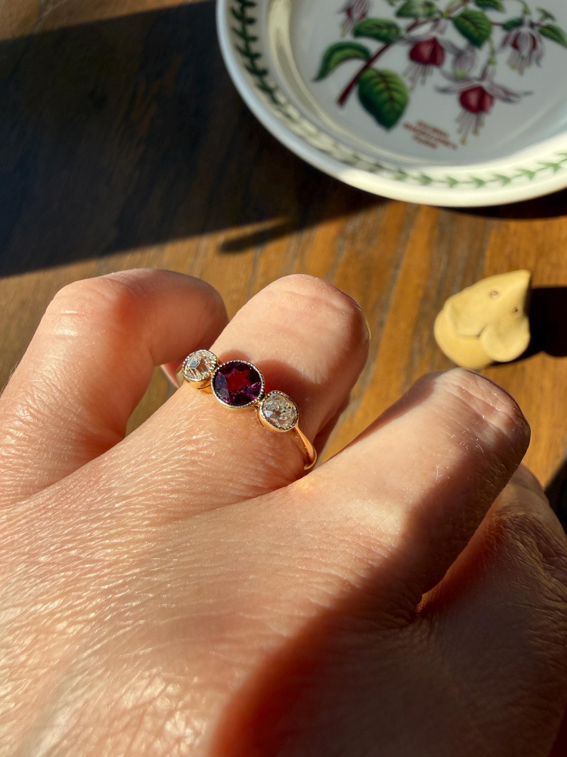 Antique Natural Pinkish Red Ruby Old Mine Cut Diamond Three Stone Band 18k Gold Platinum Ring Stacker