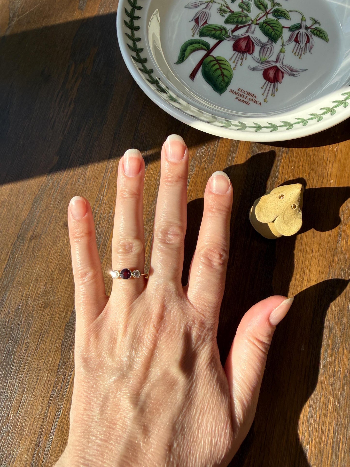 Antique Natural Pinkish Red Ruby Old Mine Cut Diamond Three Stone Band 18k Gold Platinum Ring Stacker