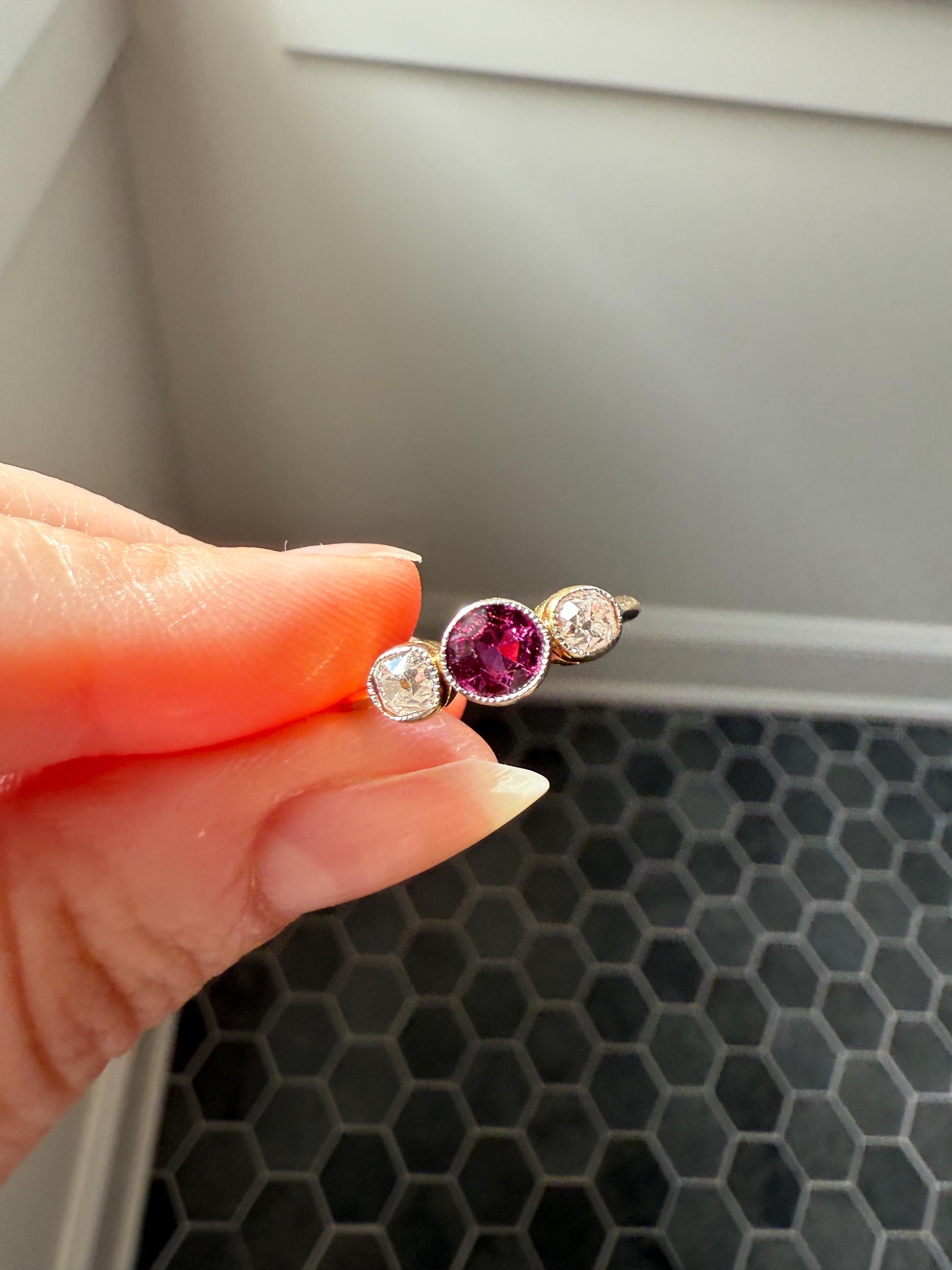 Antique Natural Pinkish Red Ruby Old Mine Cut Diamond Three Stone Band 18k Gold Platinum Ring Stacker