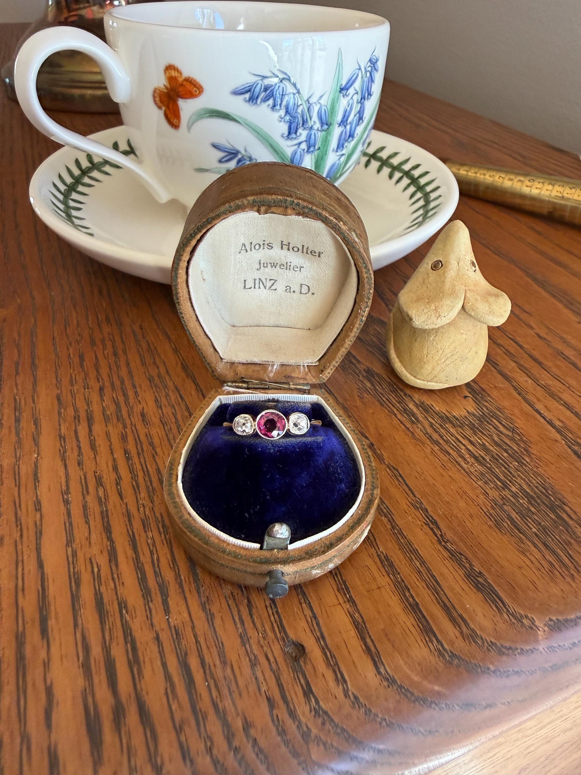 Antique Natural Pinkish Red Ruby Old Mine Cut Diamond Three Stone Band 18k Gold Platinum Ring Stacker