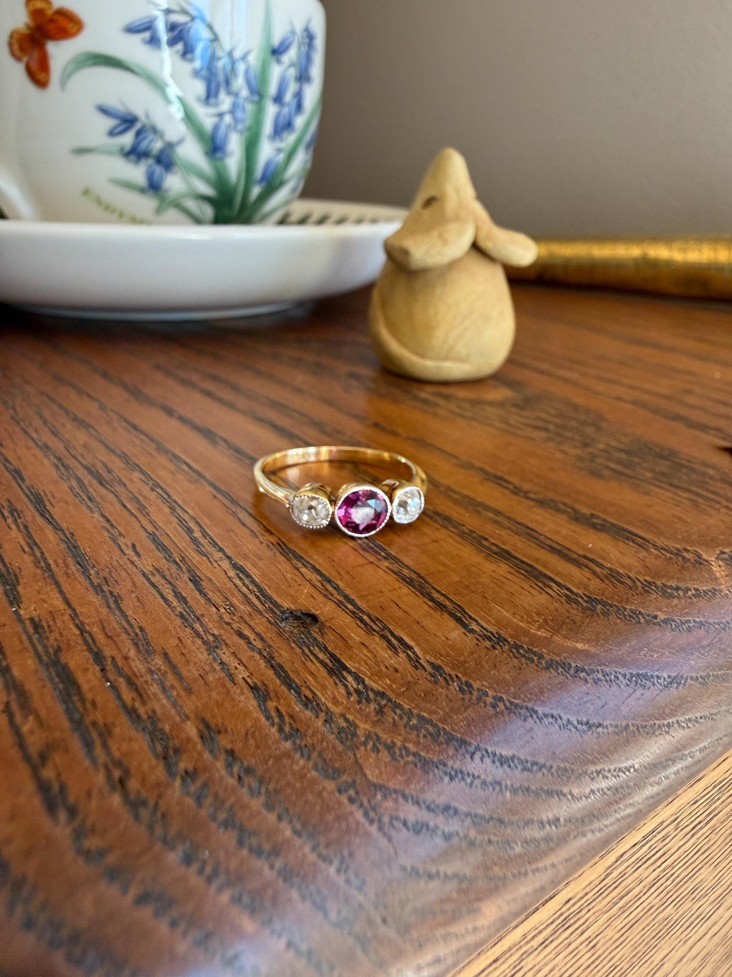Antique Natural Pinkish Red Ruby Old Mine Cut Diamond Three Stone Band 18k Gold Platinum Ring Stacker