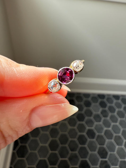 Antique Natural Pinkish Red Ruby Old Mine Cut Diamond Three Stone Band 18k Gold Platinum Ring Stacker
