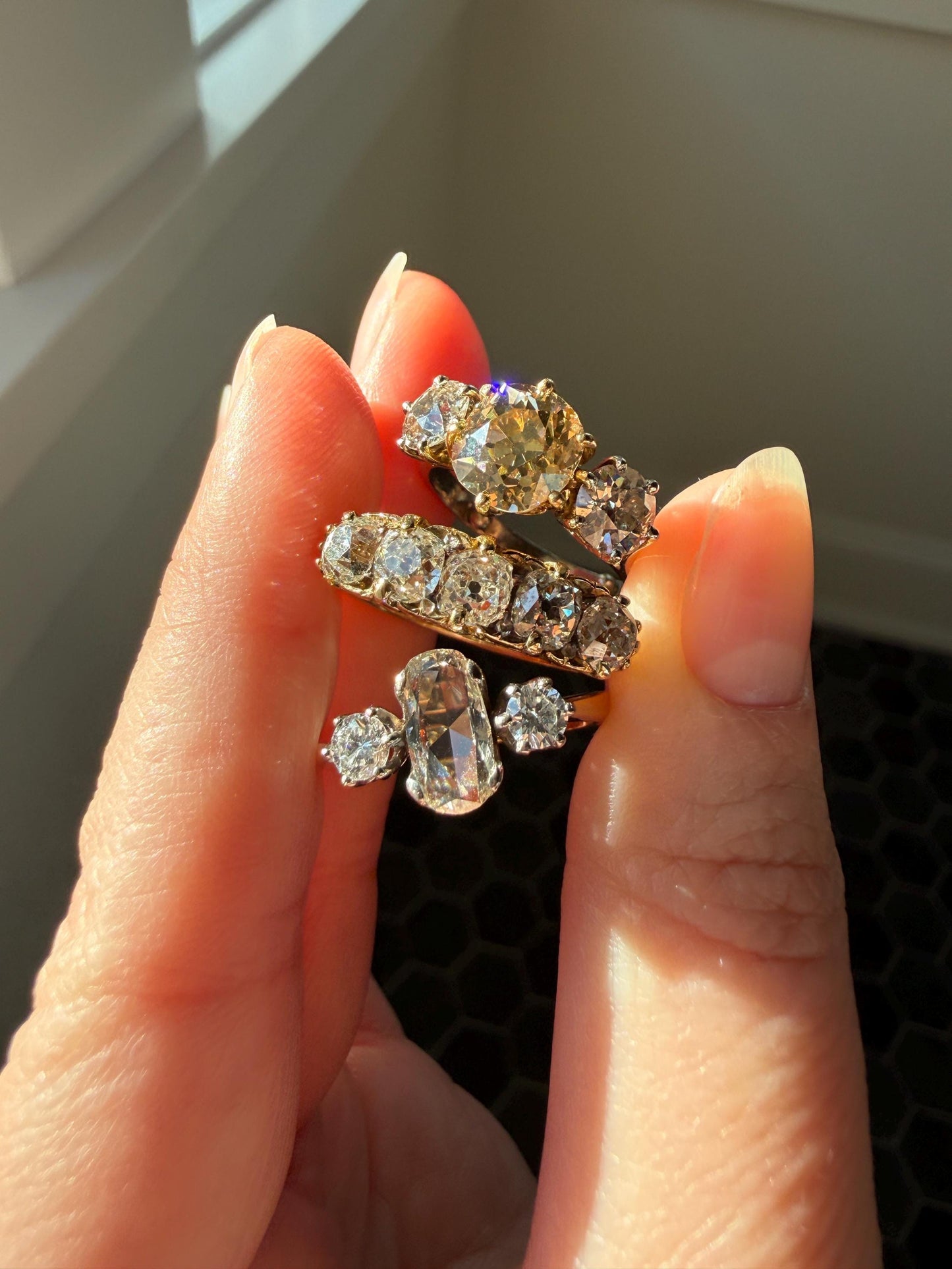 Unique Vintage Elongated Natural VS Portrait Rose Cut Three Stone DIAMOND Ring 18k Gold Solid Cushion Oval Stacker Band