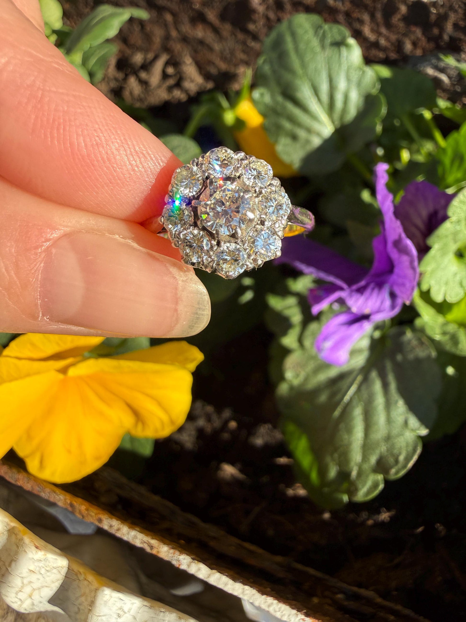 Vintage Older Brilliant Cut 1.45 Carat Tdw Natural DIAMOND Cluster Ring 18k Gold & Platinum Band Fiery Stacker Nine Stone 1.45ctw