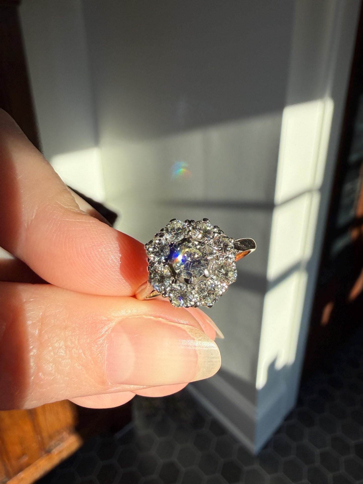 Vintage Older Brilliant Cut 1.45 Carat Tdw Natural DIAMOND Cluster Ring 18k Gold & Platinum Band Fiery Stacker Nine Stone 1.45ctw