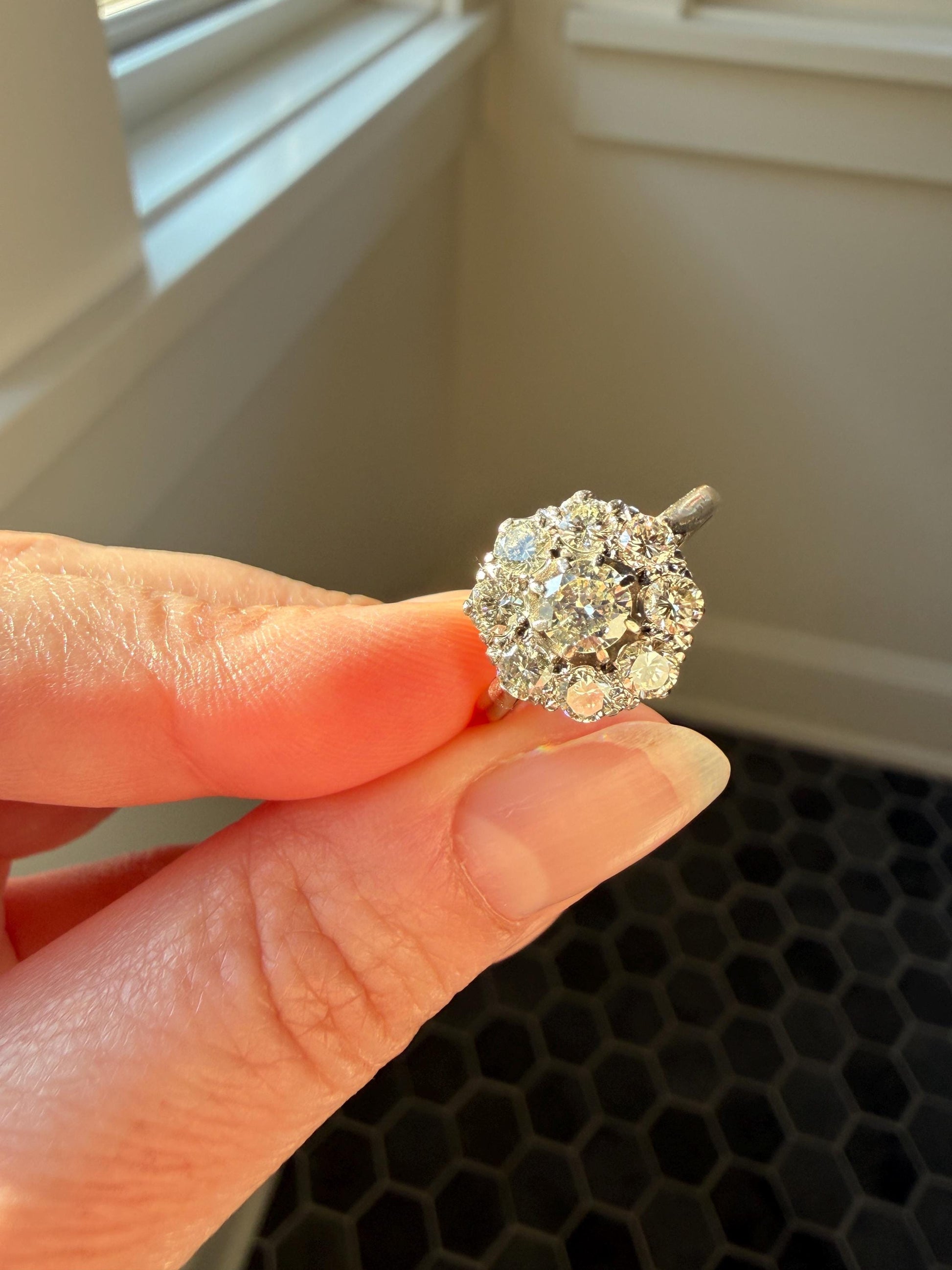 Vintage Older Brilliant Cut 1.45 Carat Tdw Natural DIAMOND Cluster Ring 18k Gold & Platinum Band Fiery Stacker Nine Stone 1.45ctw