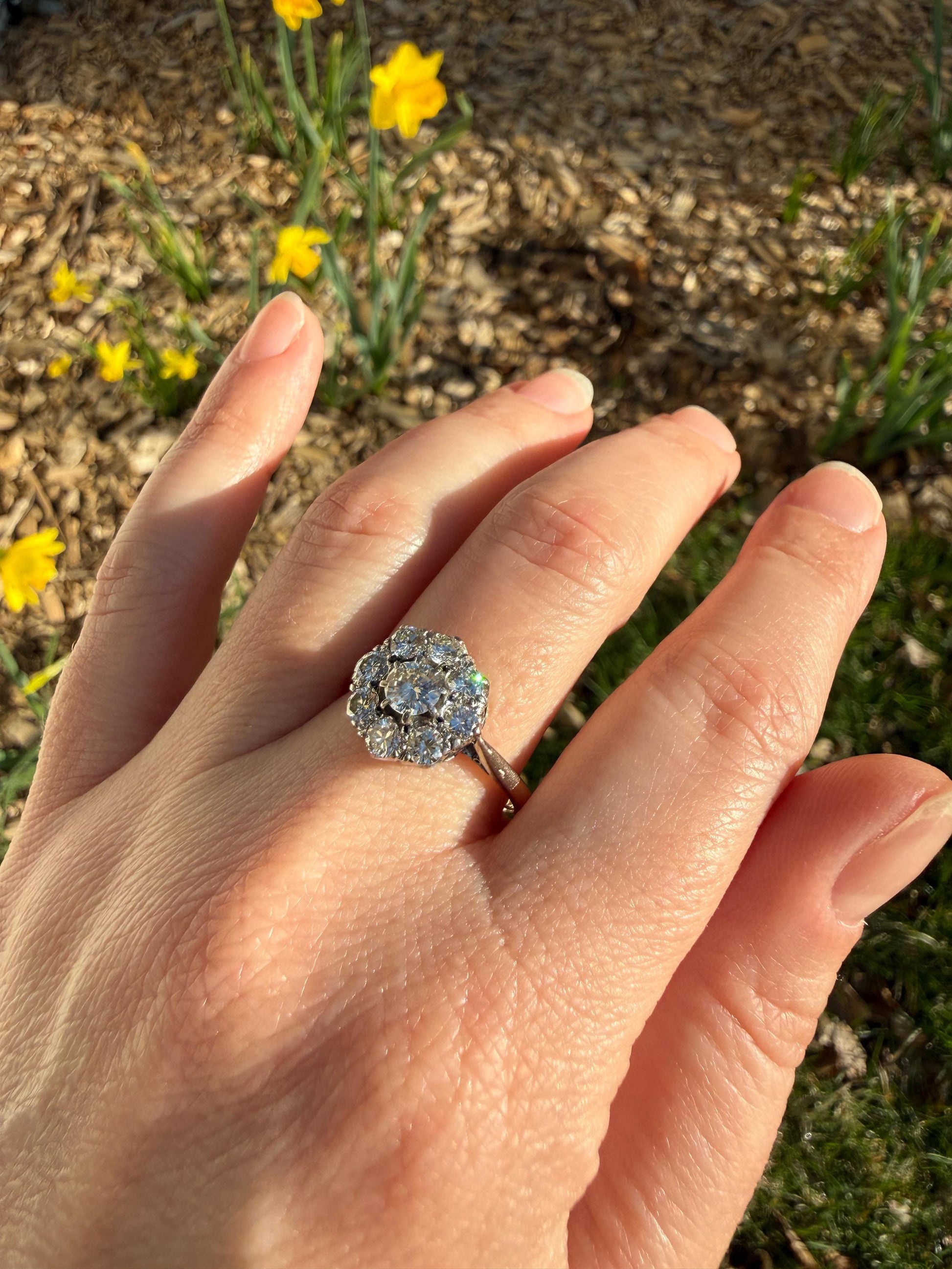 Vintage Older Brilliant Cut 1.45 Carat Tdw Natural DIAMOND Cluster Ring 18k Gold & Platinum Band Fiery Stacker Nine Stone 1.45ctw