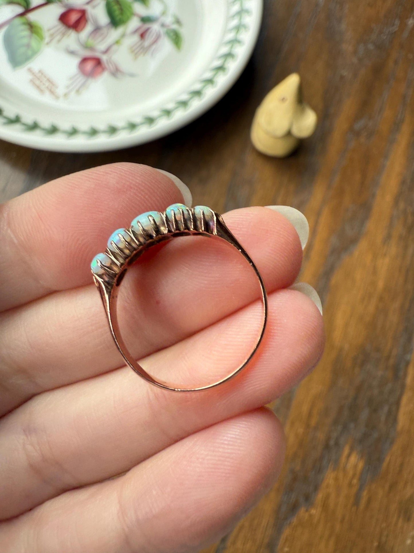 OPAL Antique Blue Five Stone Skinny Band Stacker Ring 14k Rose Gold Linear Edwardian Victorian Romantic Gift Geometric Minimalist Glowing