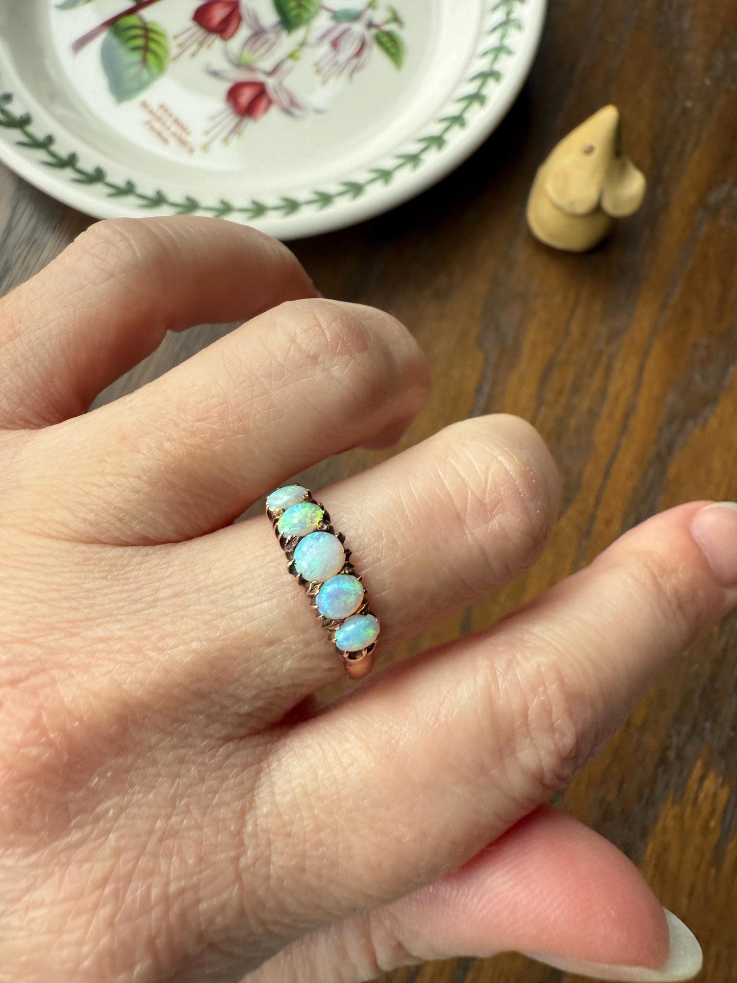 OPAL Antique Blue Five Stone Skinny Band Stacker Ring 14k Rose Gold Linear Edwardian Victorian Romantic Gift Geometric Minimalist Glowing
