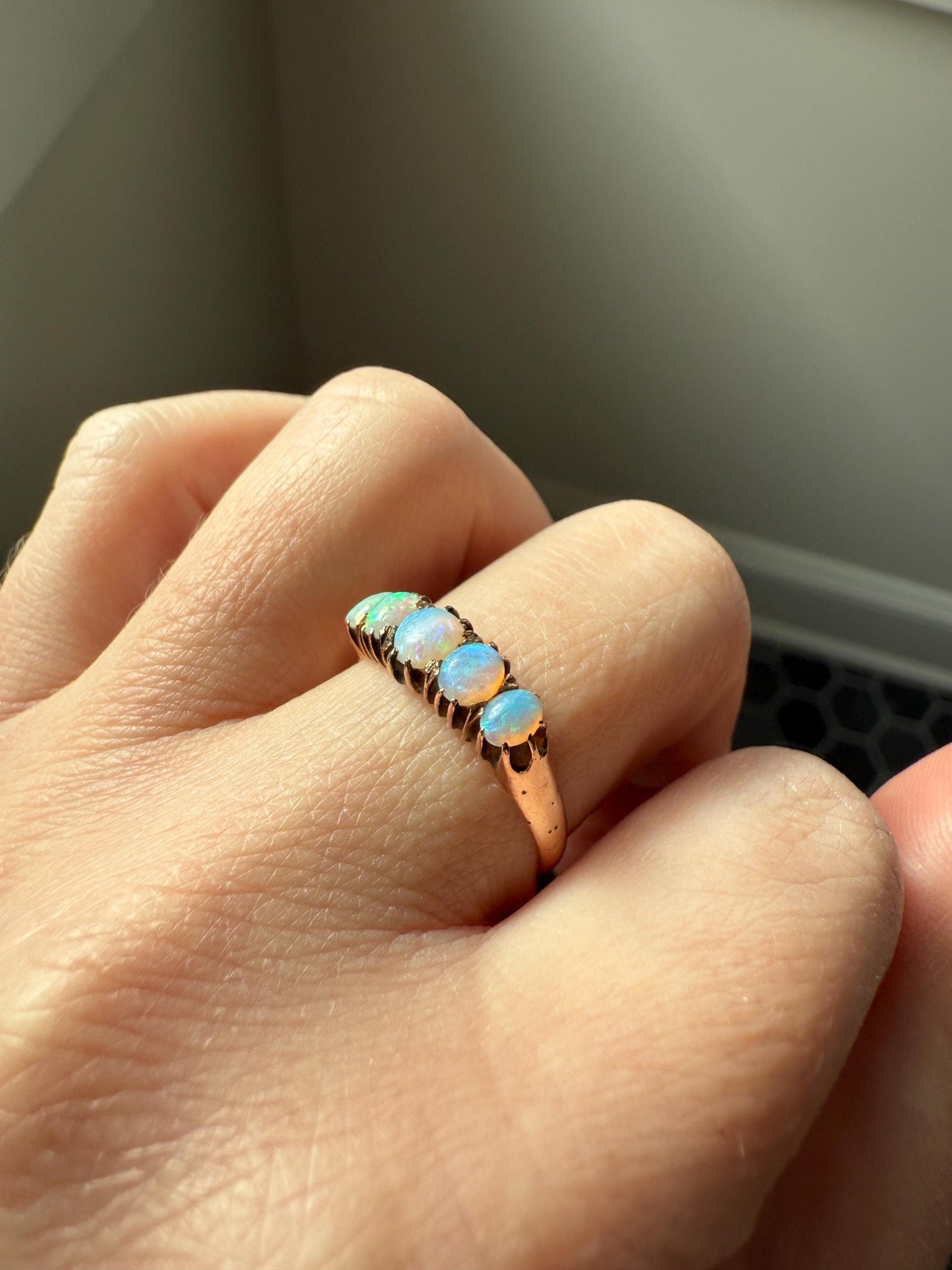 OPAL Antique Blue Five Stone Skinny Band Stacker Ring 14k Rose Gold Linear Edwardian Victorian Romantic Gift Geometric Minimalist Glowing