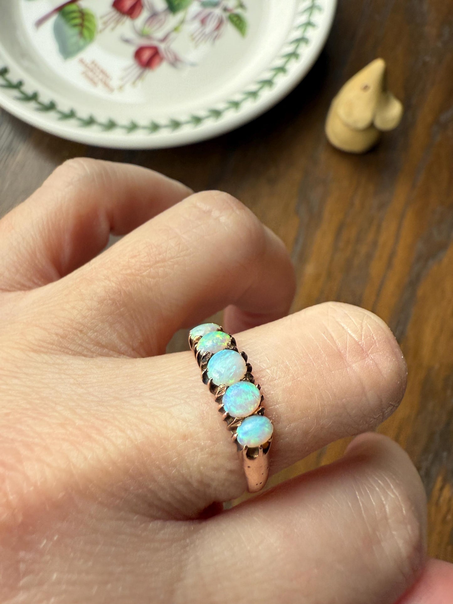 OPAL Antique Blue Five Stone Skinny Band Stacker Ring 14k Rose Gold Linear Edwardian Victorian Romantic Gift Geometric Minimalist Glowing