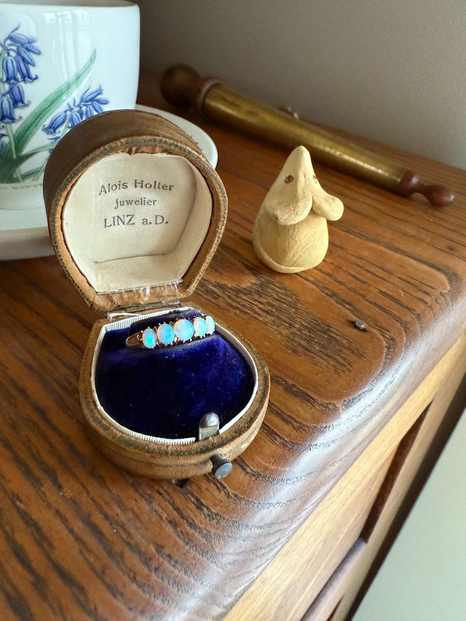 OPAL Antique Blue Five Stone Skinny Band Stacker Ring 14k Rose Gold Linear Edwardian Victorian Romantic Gift Geometric Minimalist Glowing