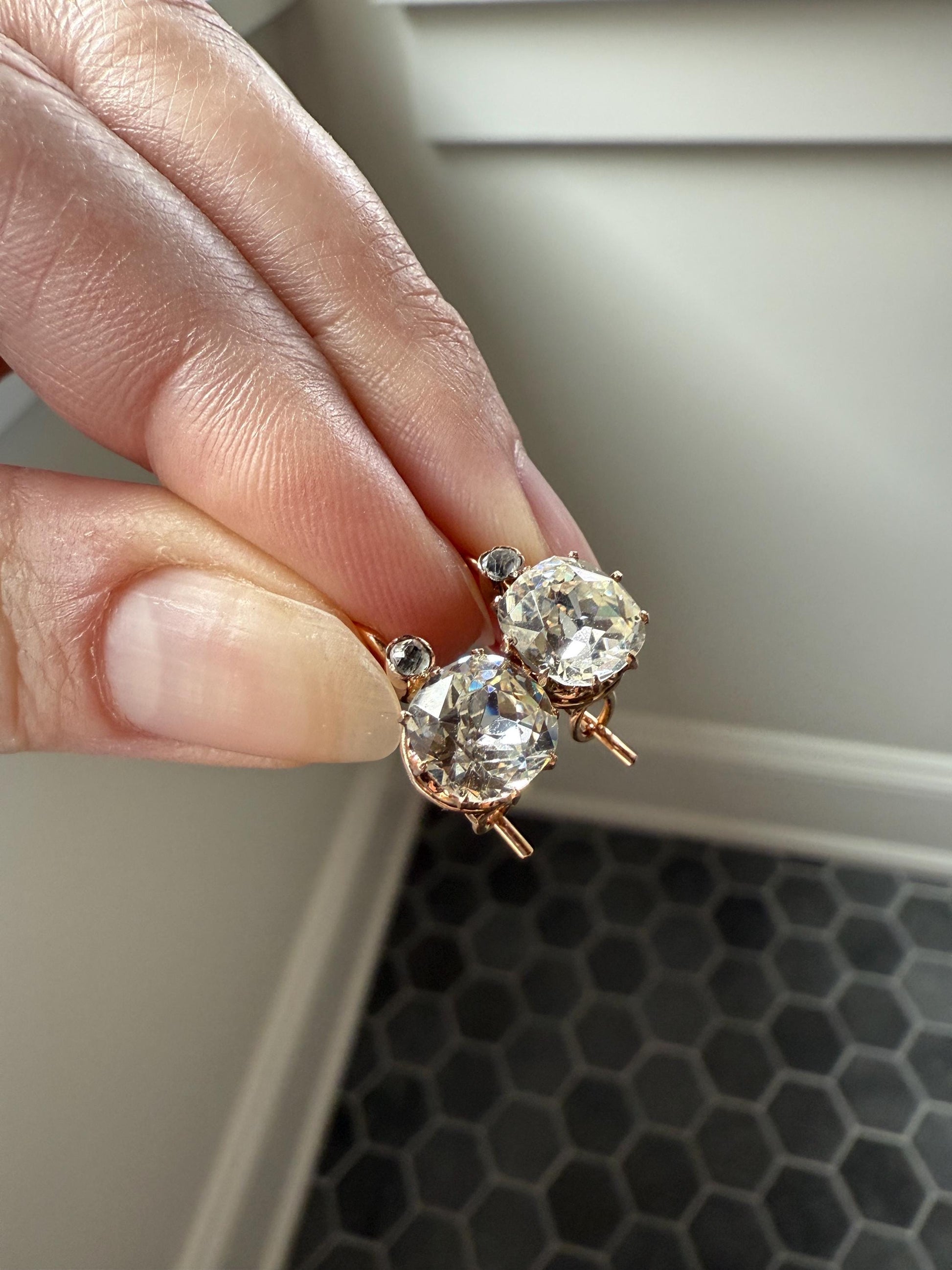 Victorian Large 4.5 Carats Total Antique Dangle Earrings Super Chunky Foiled Paste 18k Gold 4.5ctw Original Hand Made Mounts
