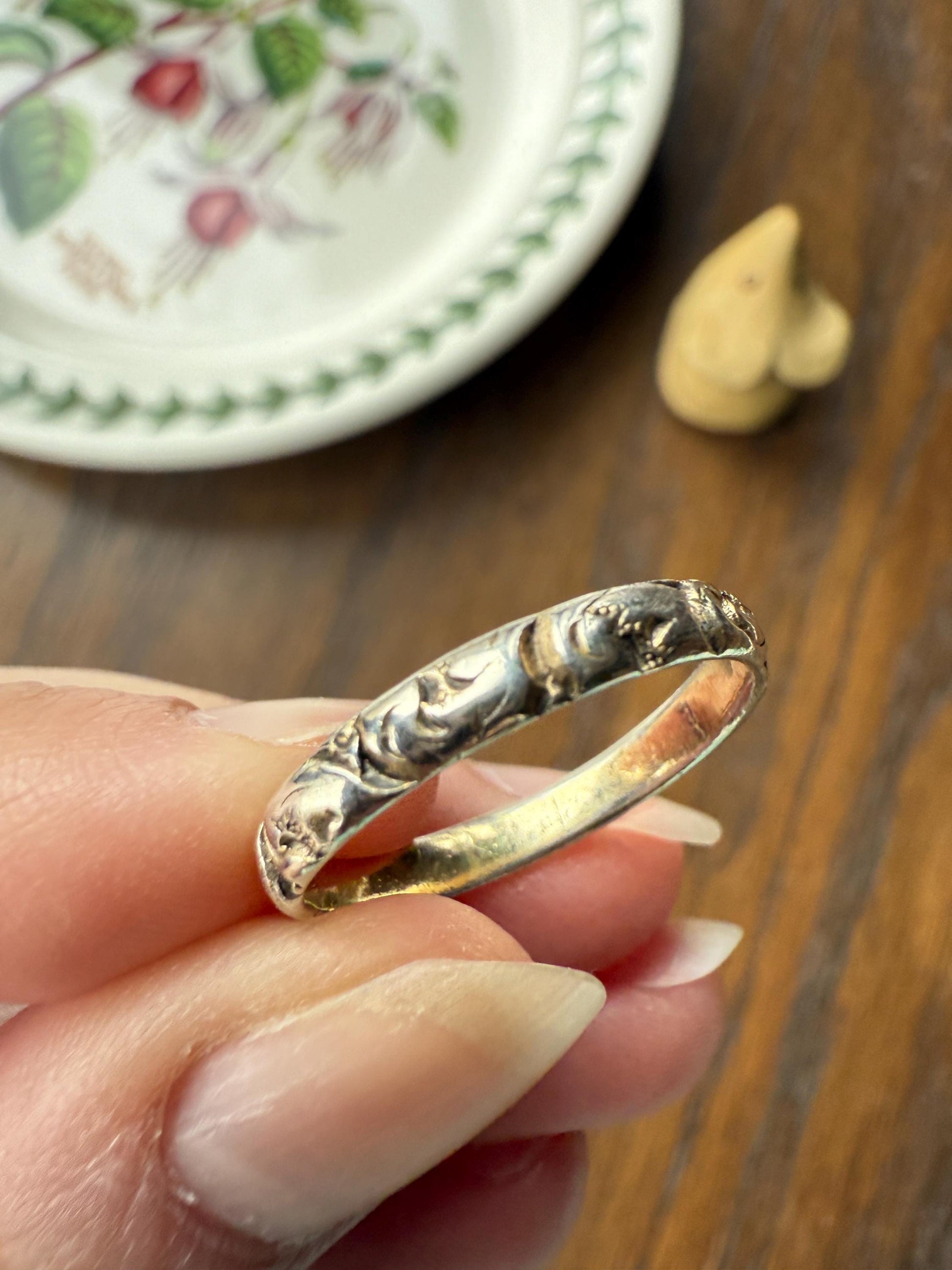 Georgian Era Antique 200 Year Old Gilt Sterling Silver Floral Chased Skinny Wedding Band Stacker Ring