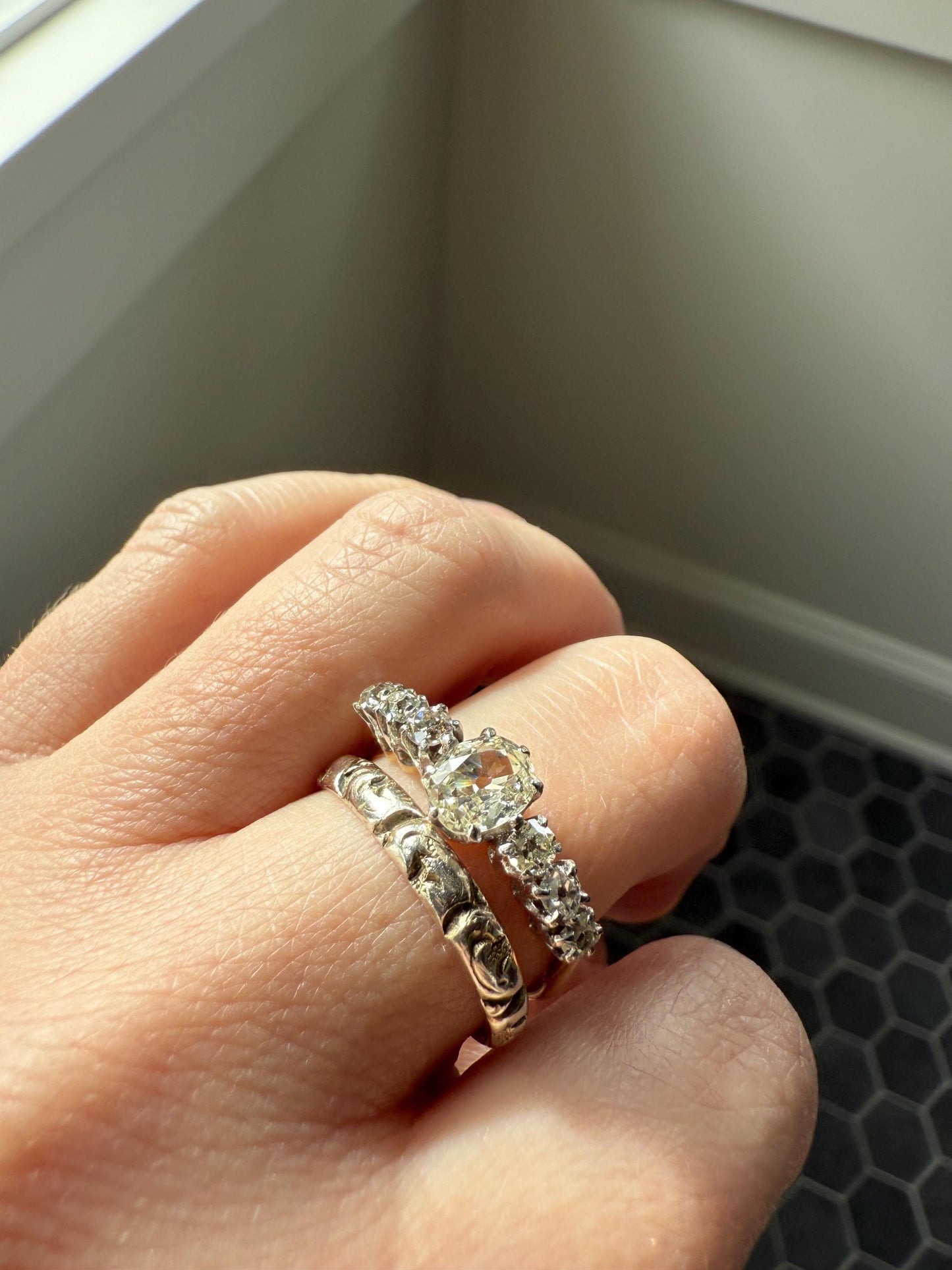 Georgian Era Antique 200 Year Old Gilt Sterling Silver Floral Chased Skinny Wedding Band Stacker Ring
