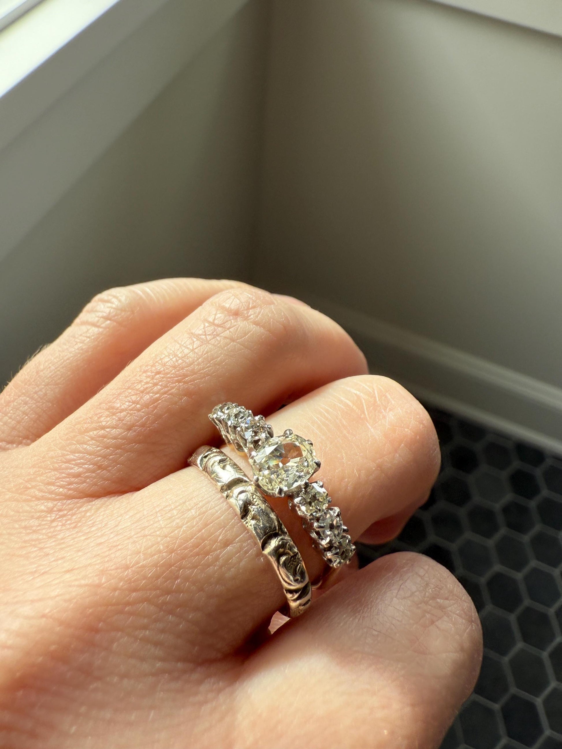 Georgian Era Antique 200 Year Old Gilt Sterling Silver Floral Chased Skinny Wedding Band Stacker Ring