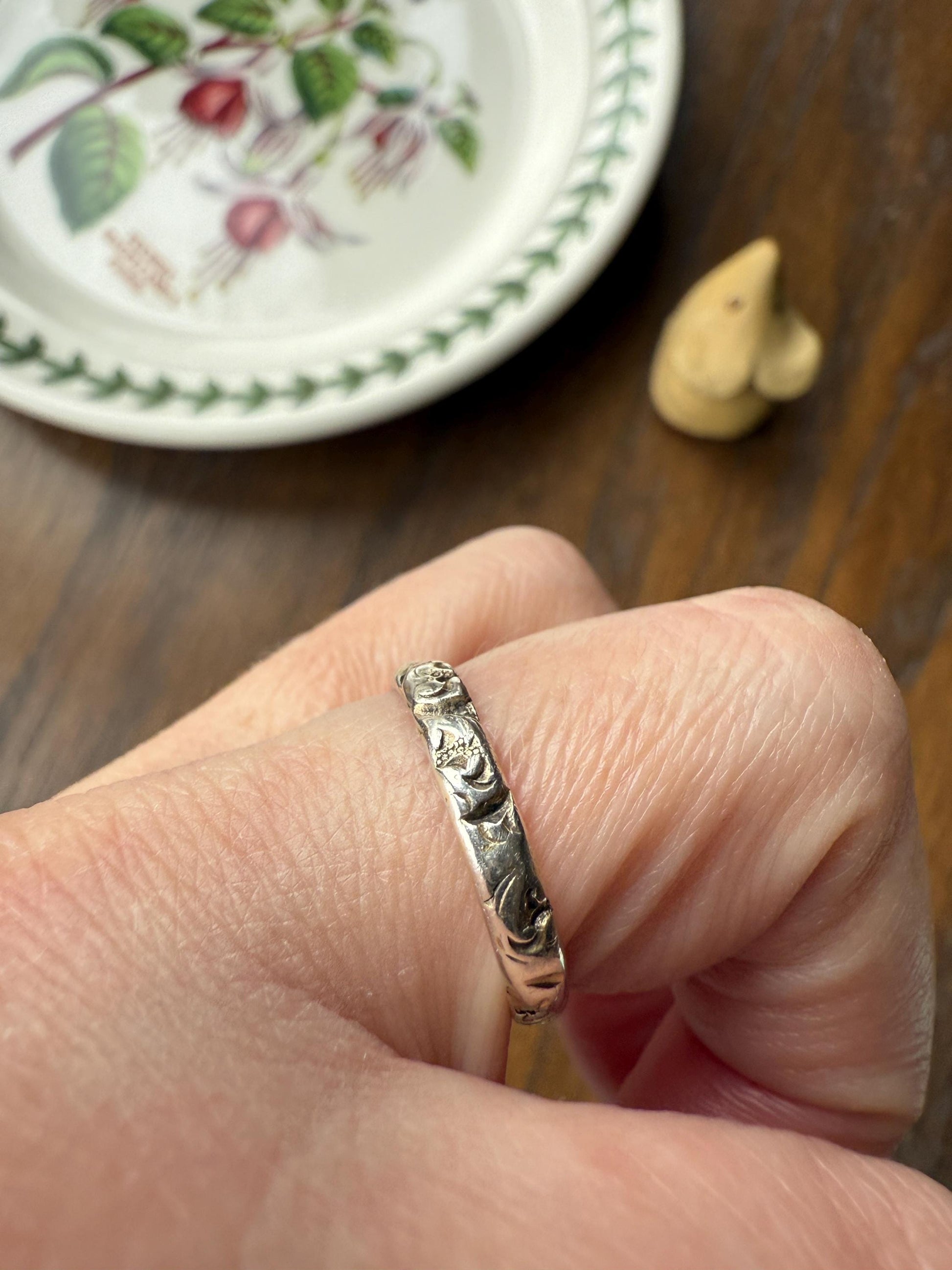 Georgian Era Antique 200 Year Old Gilt Sterling Silver Floral Chased Skinny Wedding Band Stacker Ring