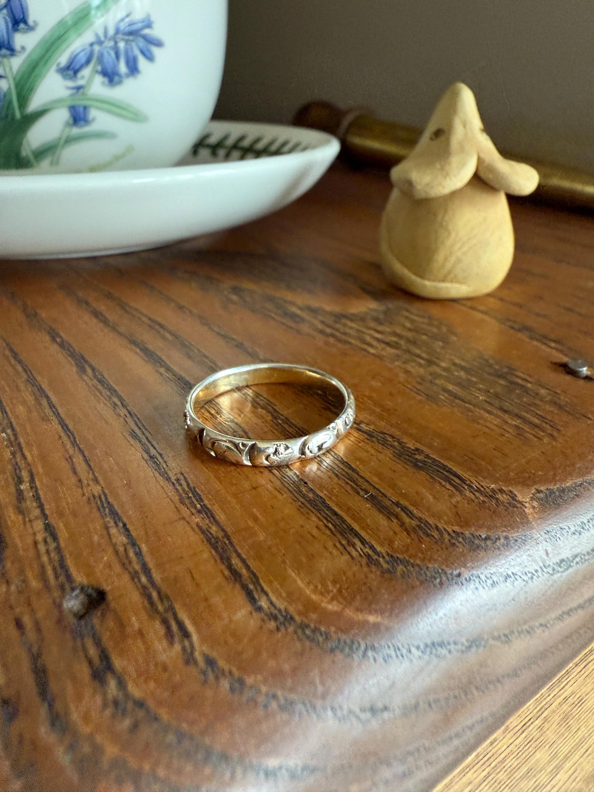 Georgian Era Antique 200 Year Old Gilt Sterling Silver Floral Chased Skinny Wedding Band Stacker Ring