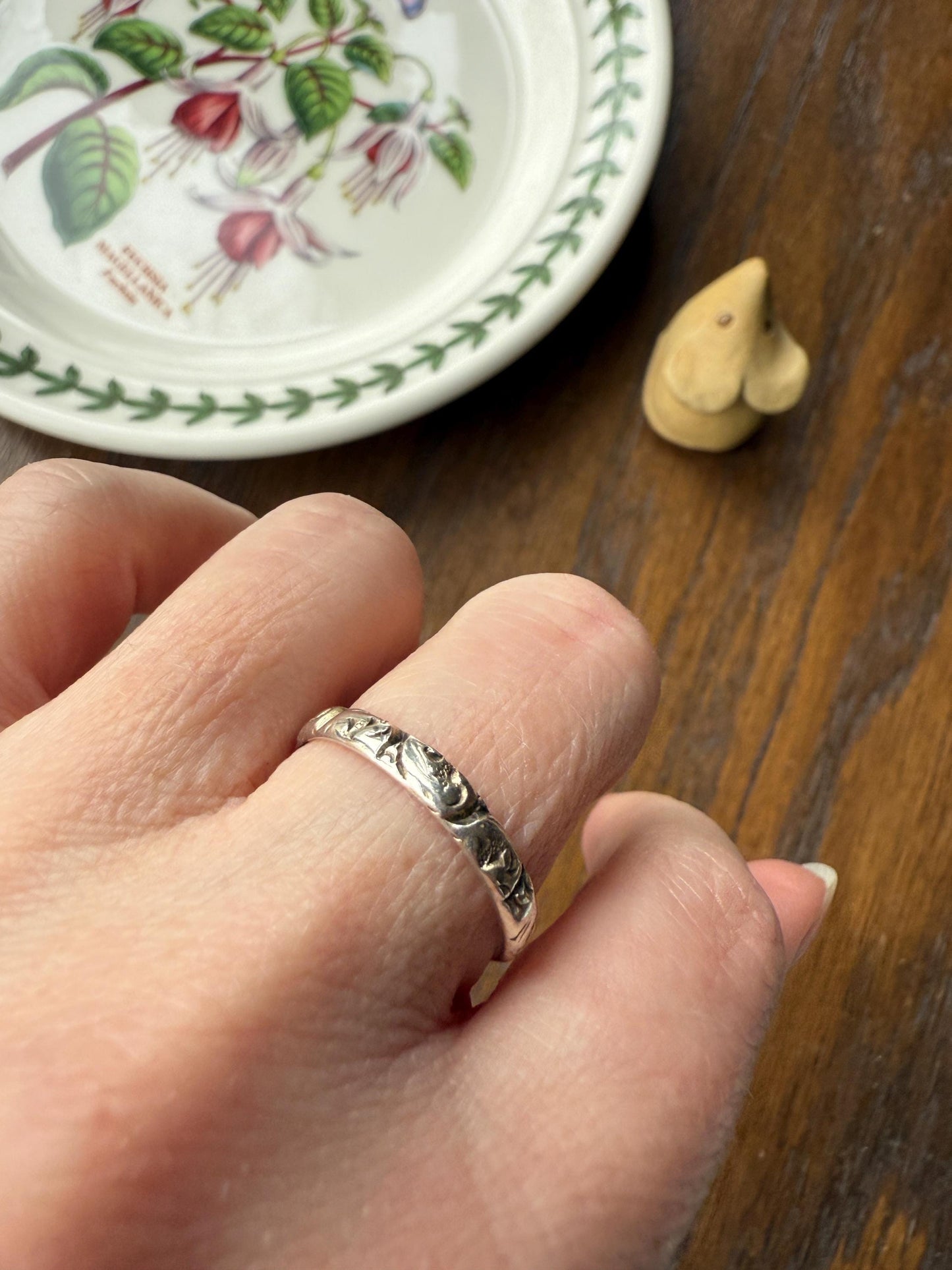 Georgian Era Antique 200 Year Old Gilt Sterling Silver Floral Chased Skinny Wedding Band Stacker Ring