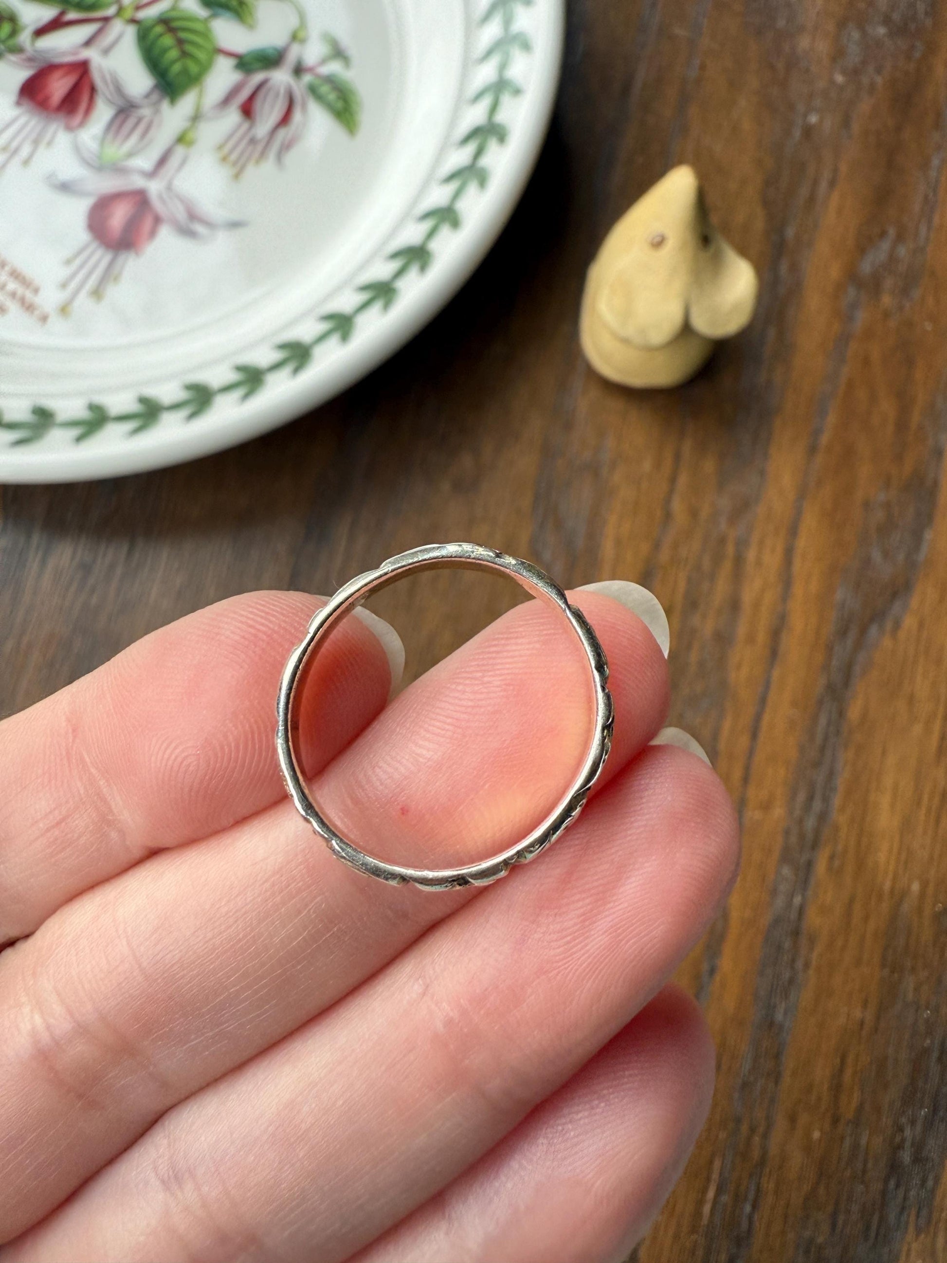 Georgian Era Antique 200 Year Old Gilt Sterling Silver Floral Chased Skinny Wedding Band Stacker Ring
