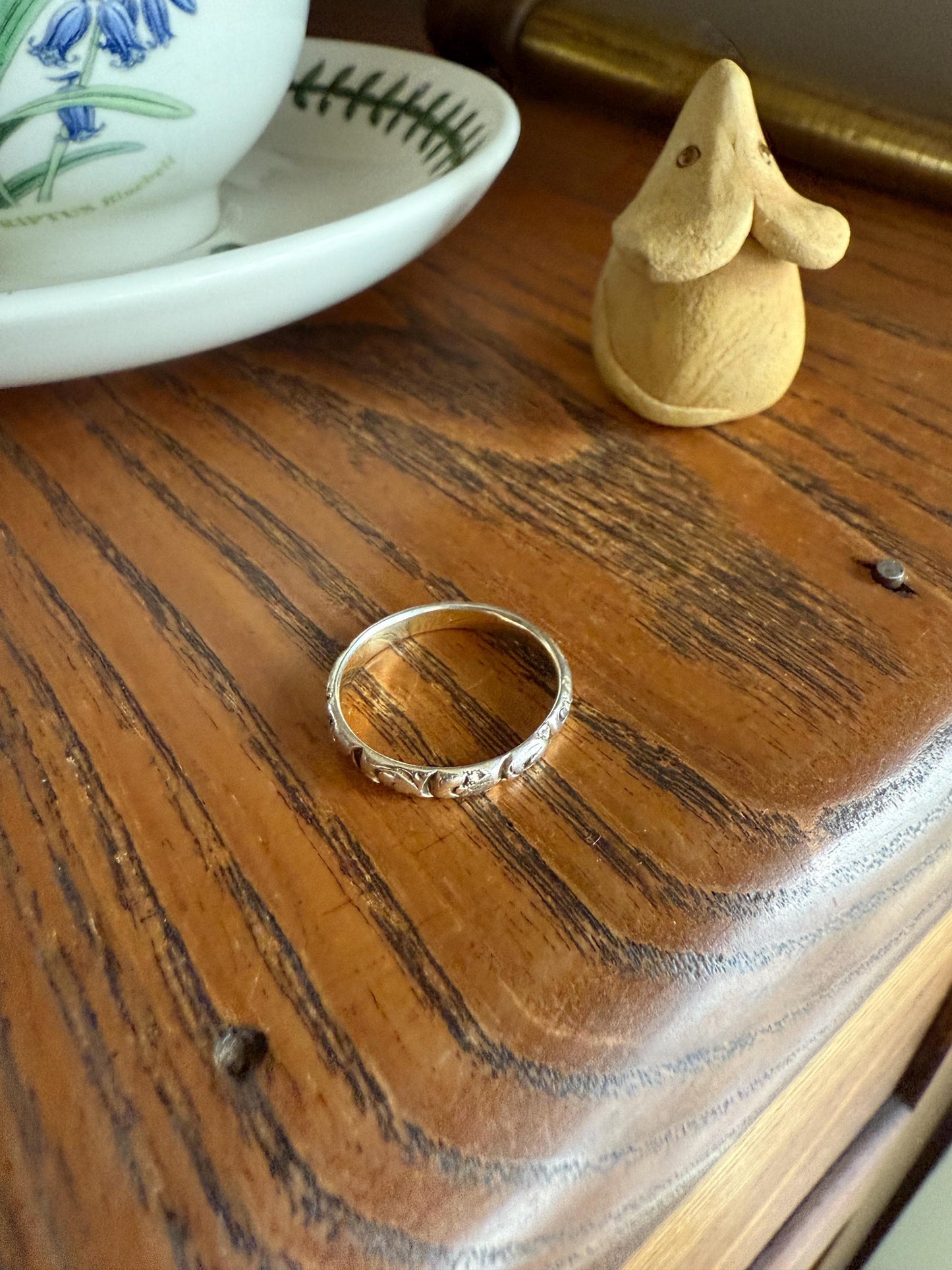 Georgian Era Antique 200 Year Old Gilt Sterling Silver Floral Chased Skinny Wedding Band Stacker Ring