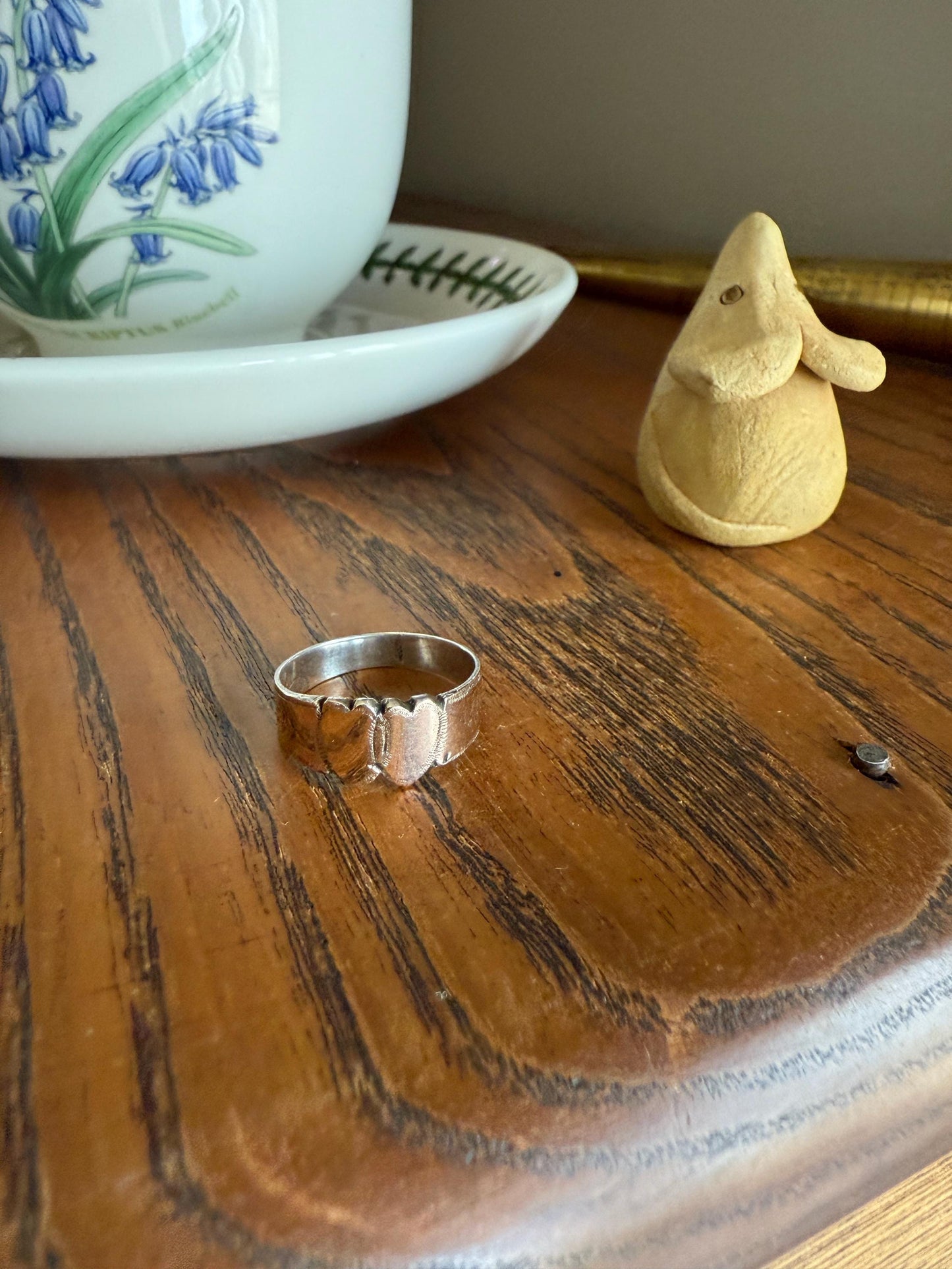 DOUBLE HEART c1896 Figural Sterling Silver & Rose Gold Cased Romantic Peasant Class Wedding Cigar Band Betrothal Ring Stacker Engraved