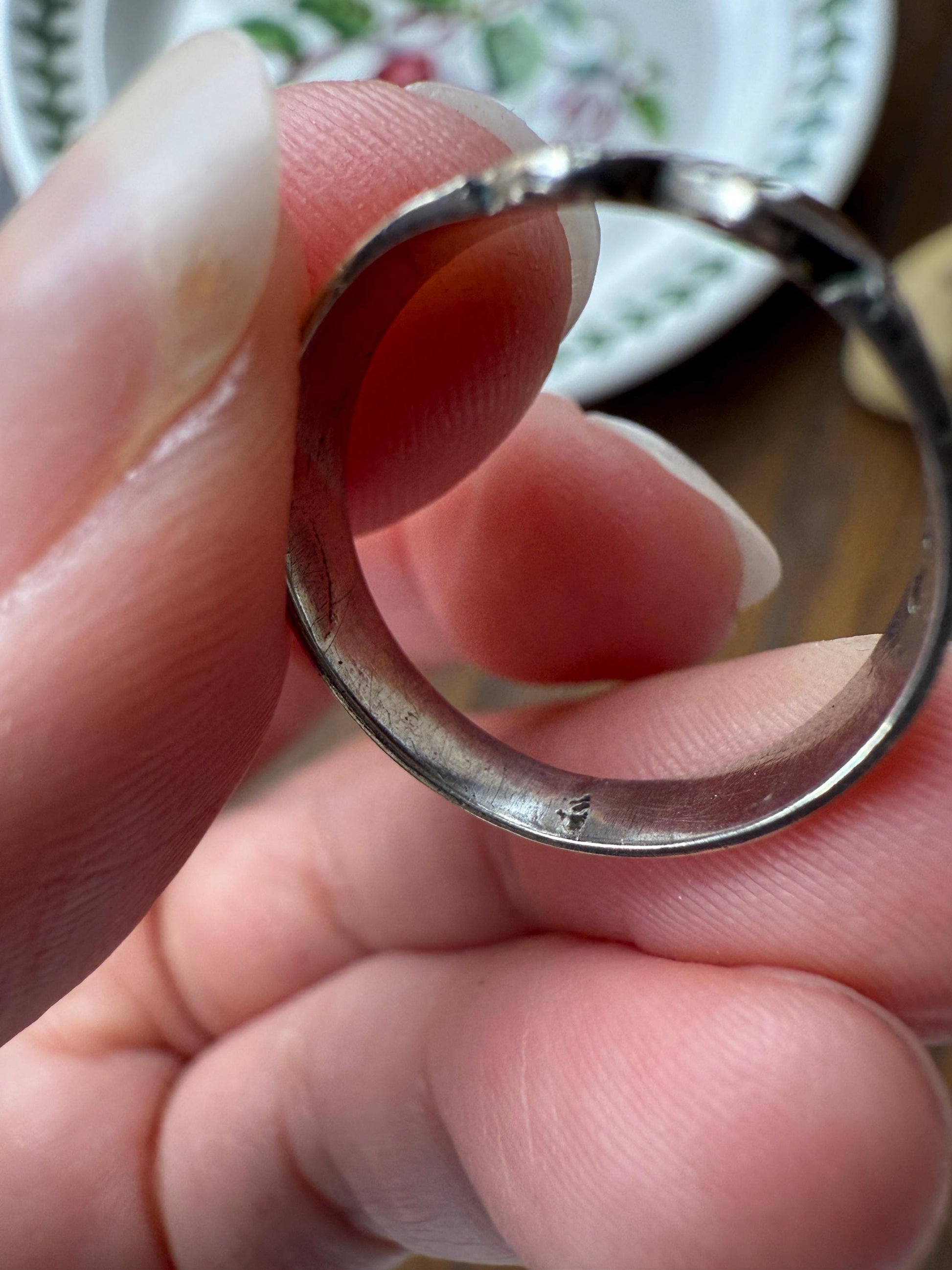 DOUBLE HEART c1896 Figural Sterling Silver & Rose Gold Cased Romantic Peasant Class Wedding Cigar Band Betrothal Ring Stacker Engraved