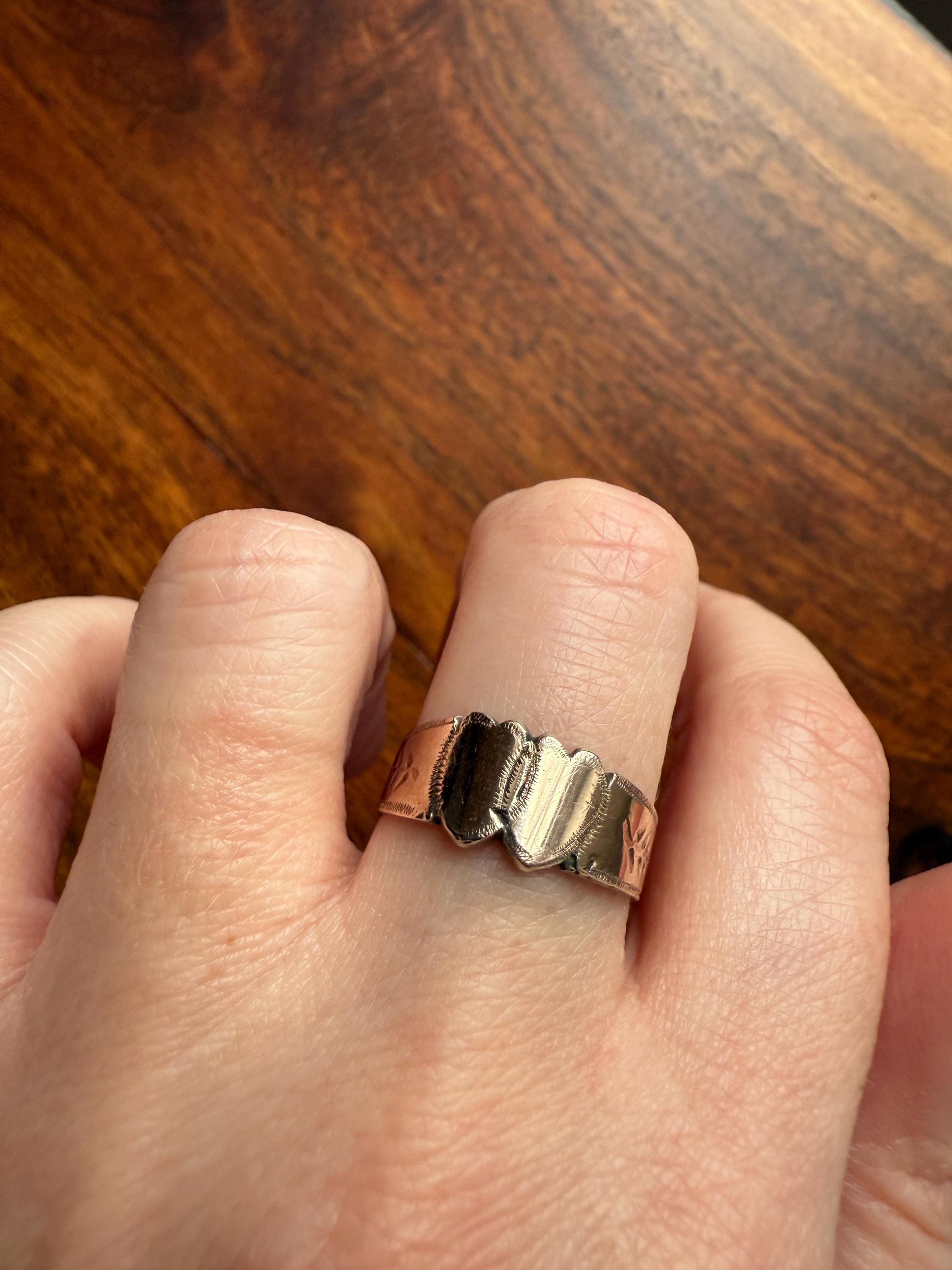 DOUBLE HEART c1896 Figural Sterling Silver & Rose Gold Cased Romantic Peasant Class Wedding Cigar Band Betrothal Ring Stacker Engraved