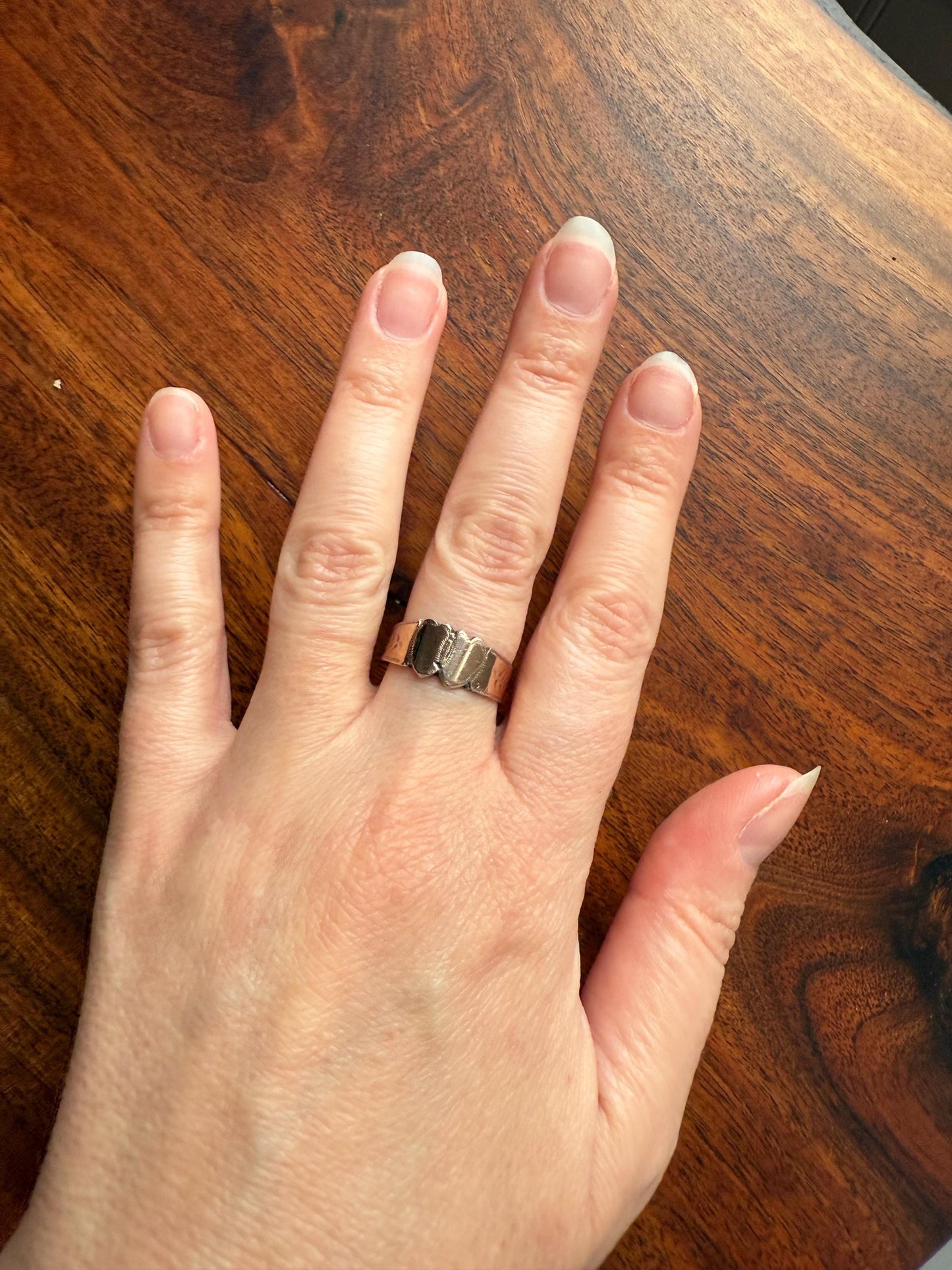 DOUBLE HEART c1896 Figural Sterling Silver & Rose Gold Cased Romantic Peasant Class Wedding Cigar Band Betrothal Ring Stacker Engraved