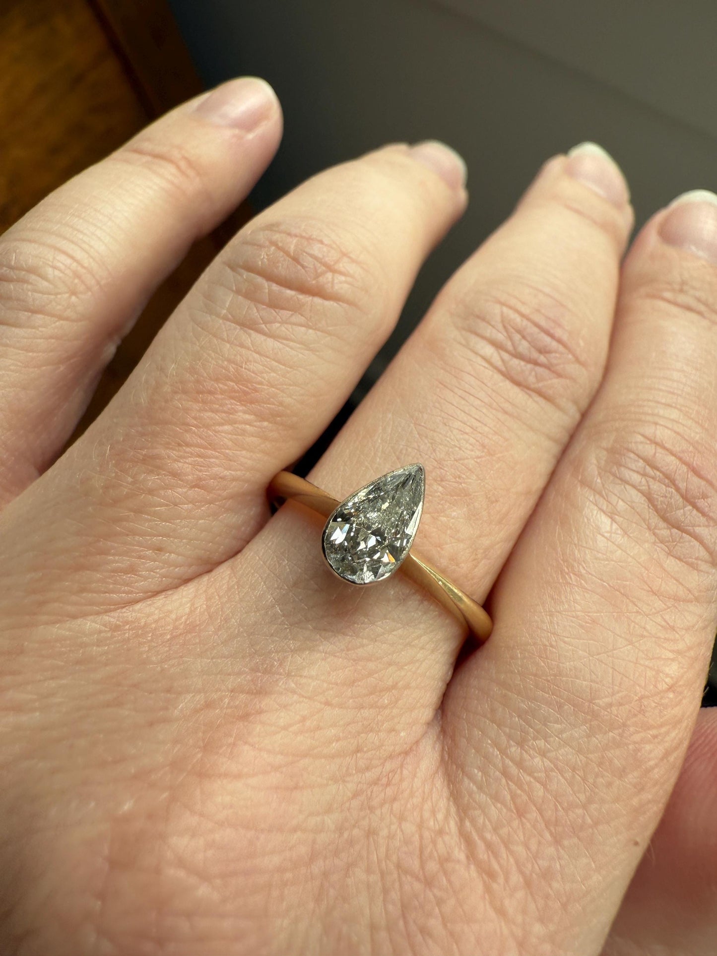 Vintage PEAR Natural Diamond Solitaire Ring One Carat 18k Gold Bezel Set Knife Edge Band Engagement Stacker