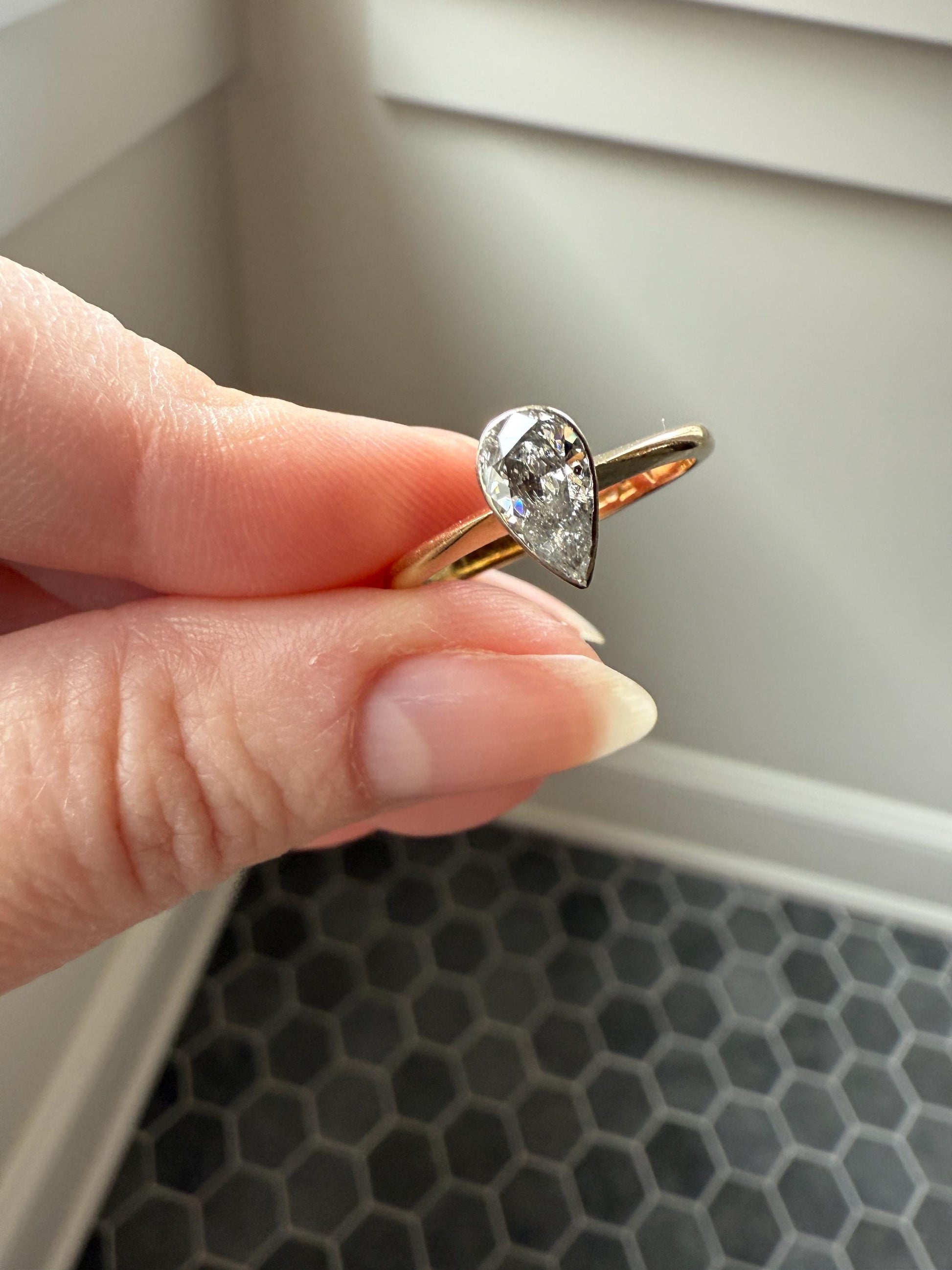 Vintage PEAR Natural Diamond Solitaire Ring One Carat 18k Gold Bezel Set Knife Edge Band Engagement Stacker