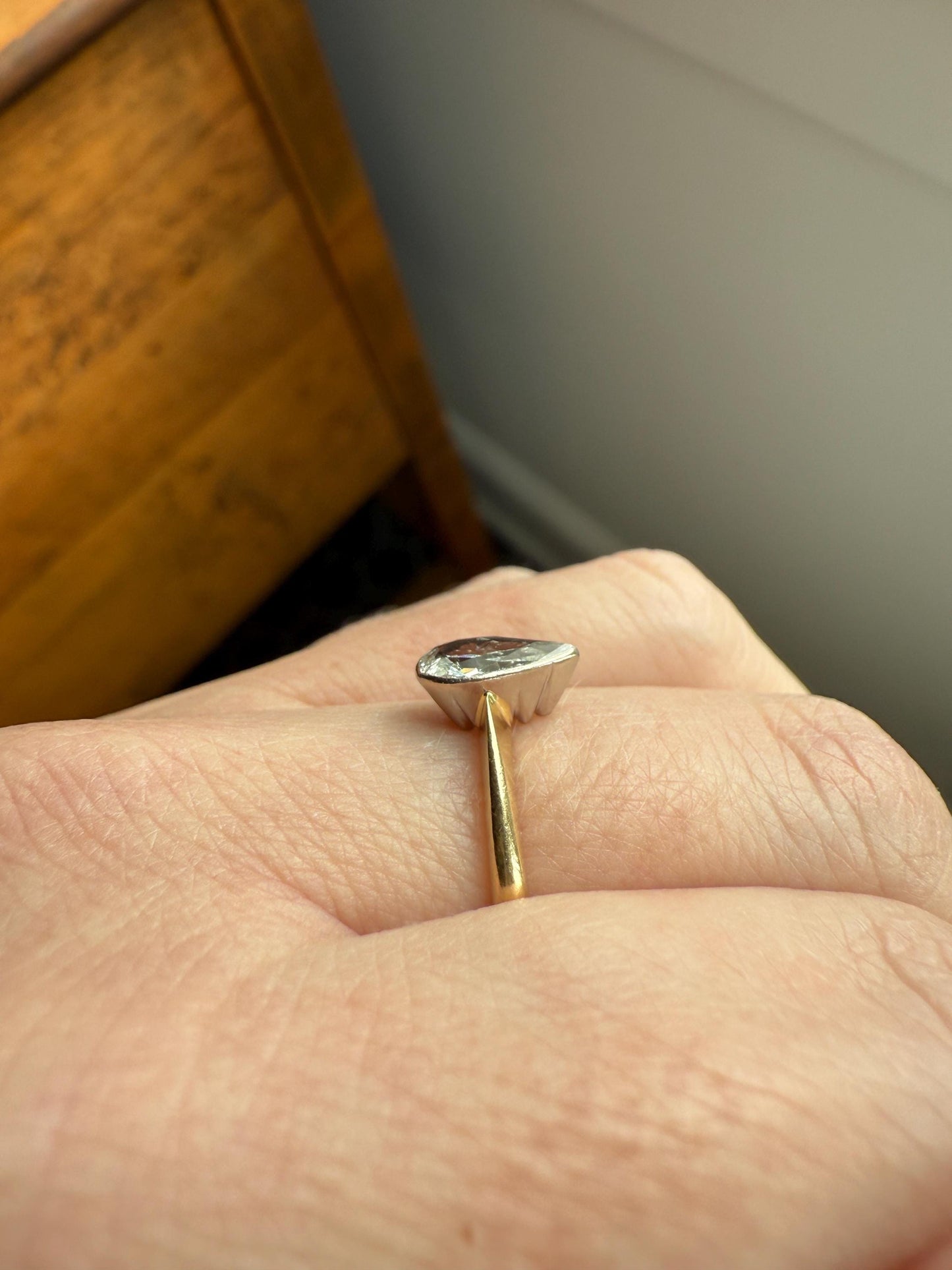 Vintage PEAR Natural Diamond Solitaire Ring One Carat 18k Gold Bezel Set Knife Edge Band Engagement Stacker