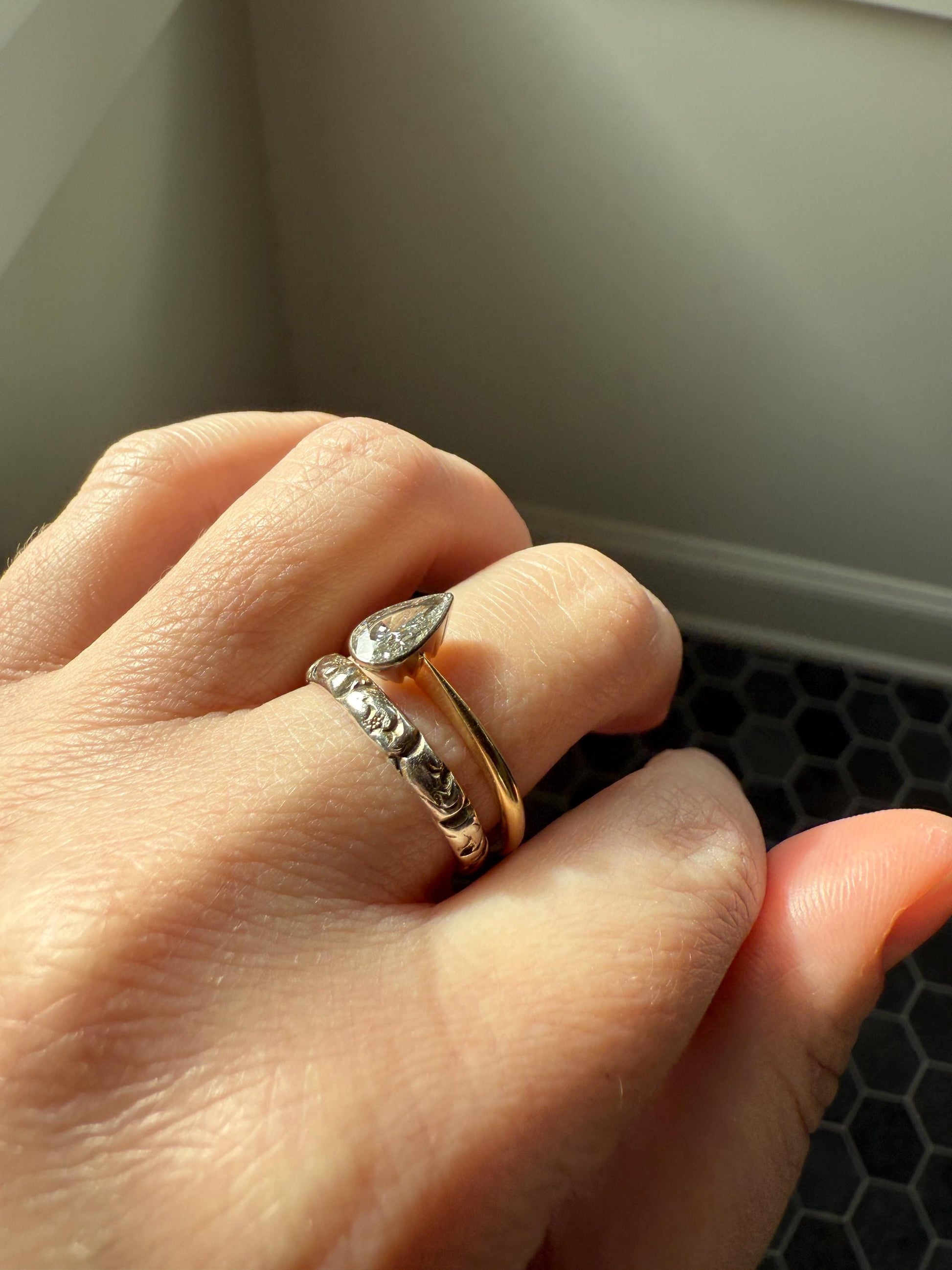 Vintage PEAR Natural Diamond Solitaire Ring One Carat 18k Gold Bezel Set Knife Edge Band Engagement Stacker
