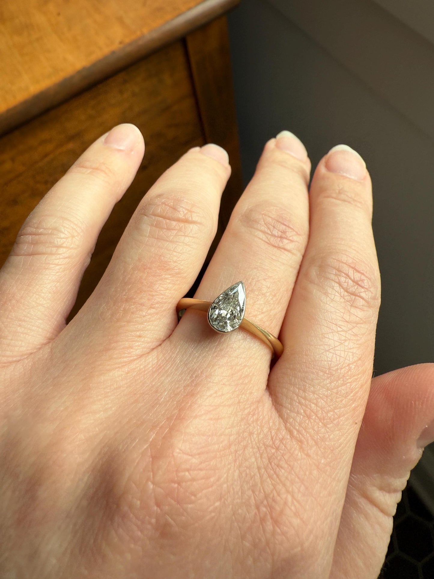 Vintage PEAR Natural Diamond Solitaire Ring One Carat 18k Gold Bezel Set Knife Edge Band Engagement Stacker