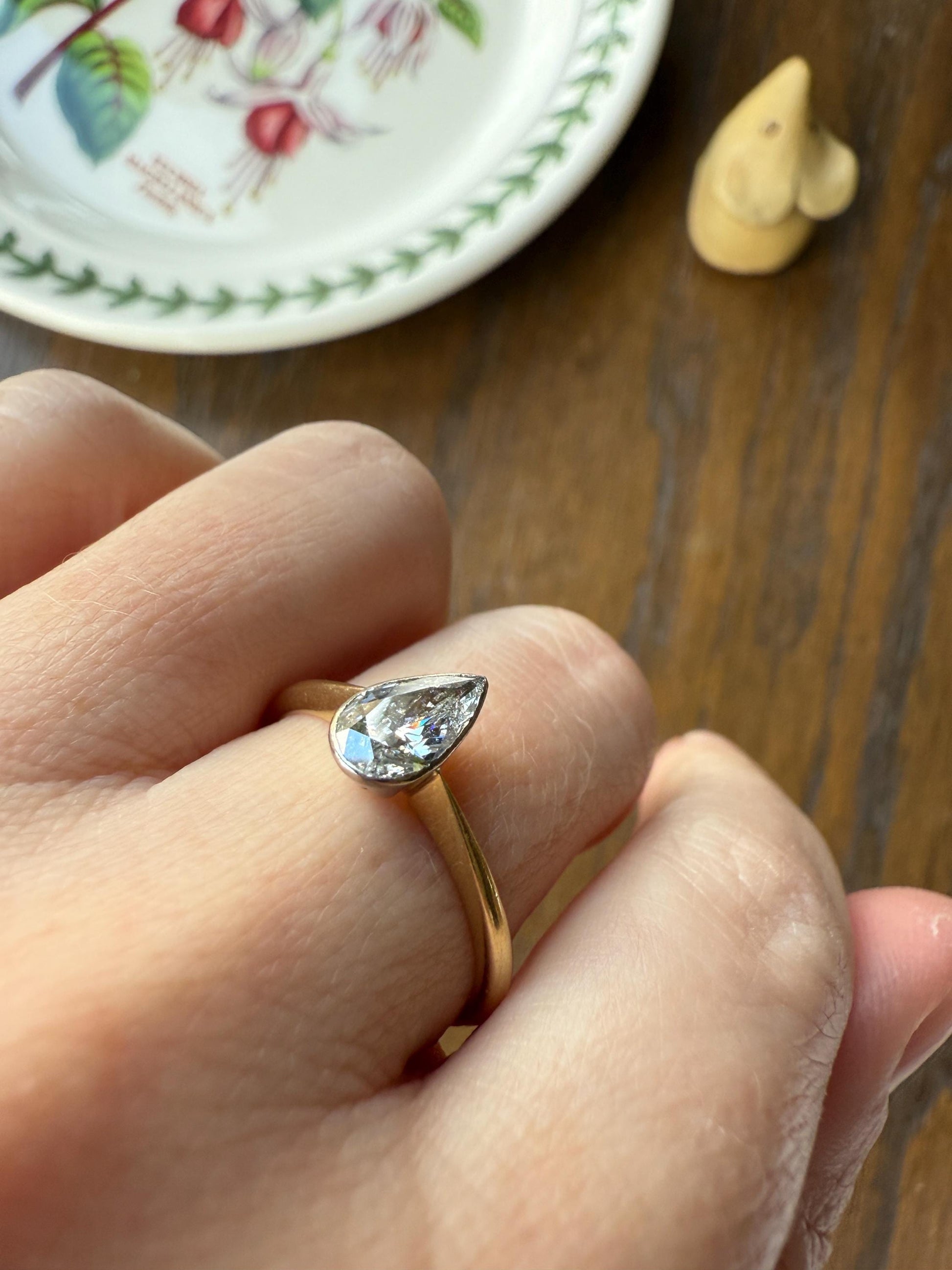 Vintage PEAR Natural Diamond Solitaire Ring One Carat 18k Gold Bezel Set Knife Edge Band Engagement Stacker