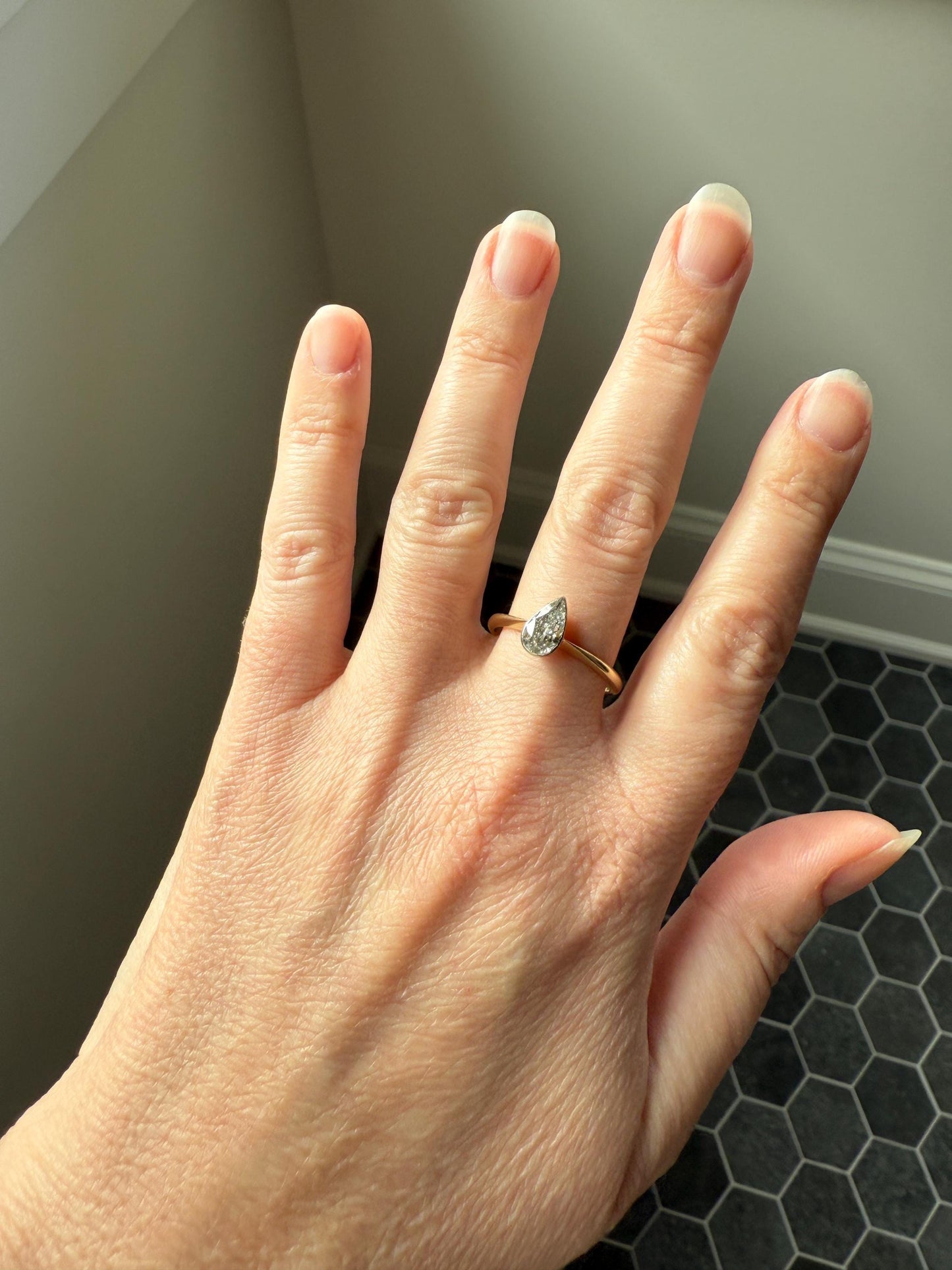 Vintage PEAR Natural Diamond Solitaire Ring One Carat 18k Gold Bezel Set Knife Edge Band Engagement Stacker