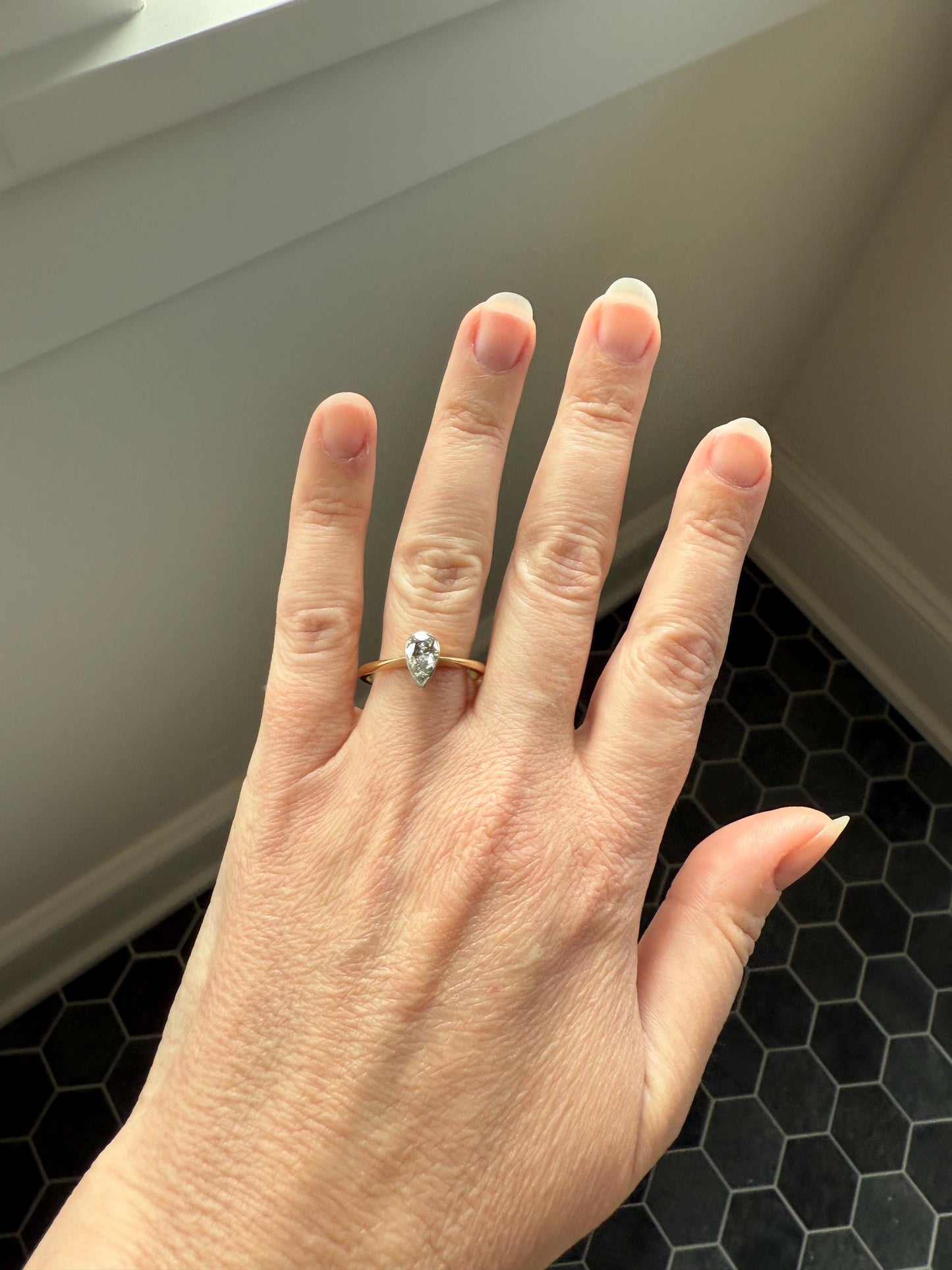 Vintage PEAR Natural Diamond Solitaire Ring One Carat 18k Gold Bezel Set Knife Edge Band Engagement Stacker