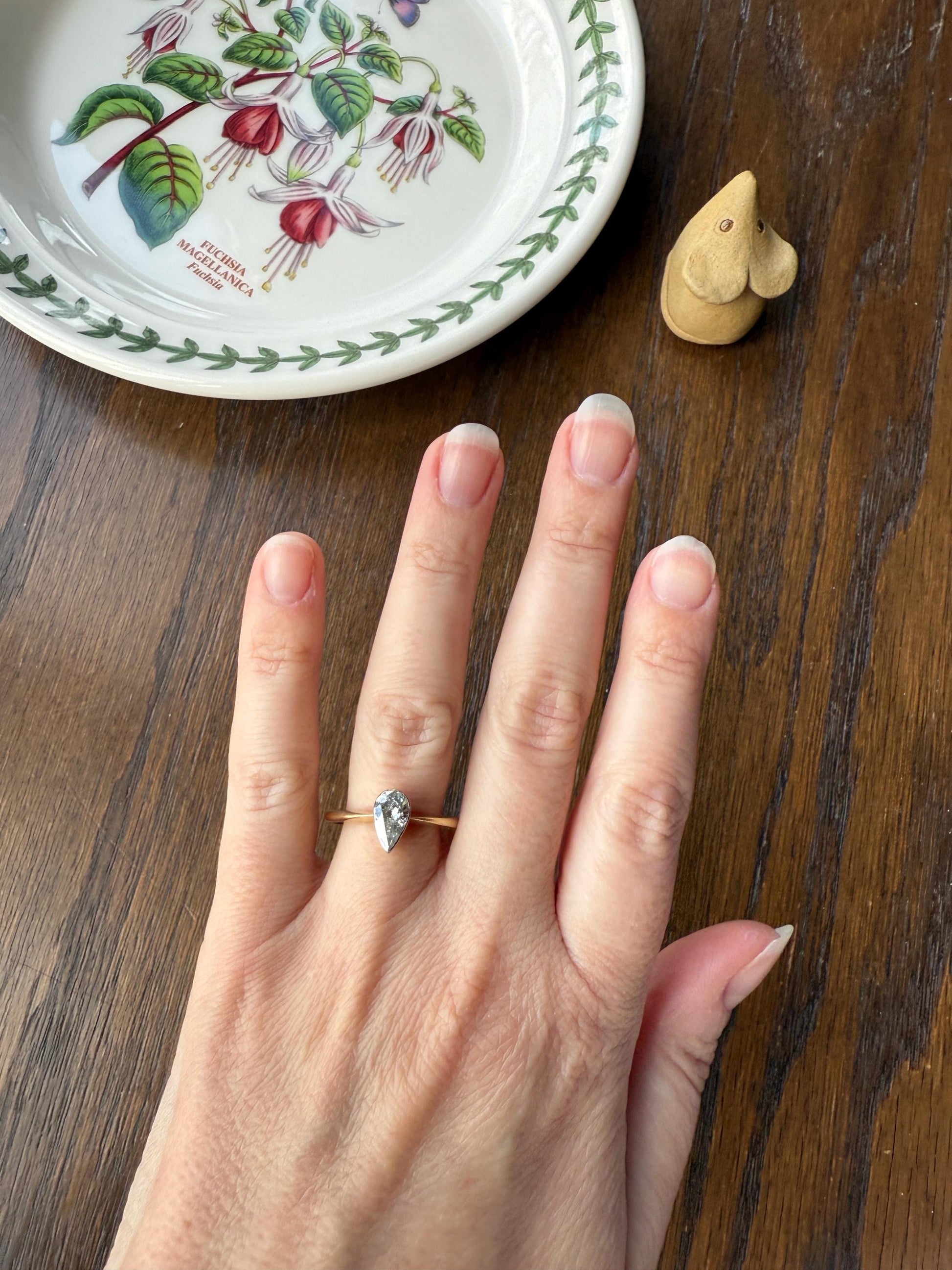 Vintage PEAR Natural Diamond Solitaire Ring One Carat 18k Gold Bezel Set Knife Edge Band Engagement Stacker