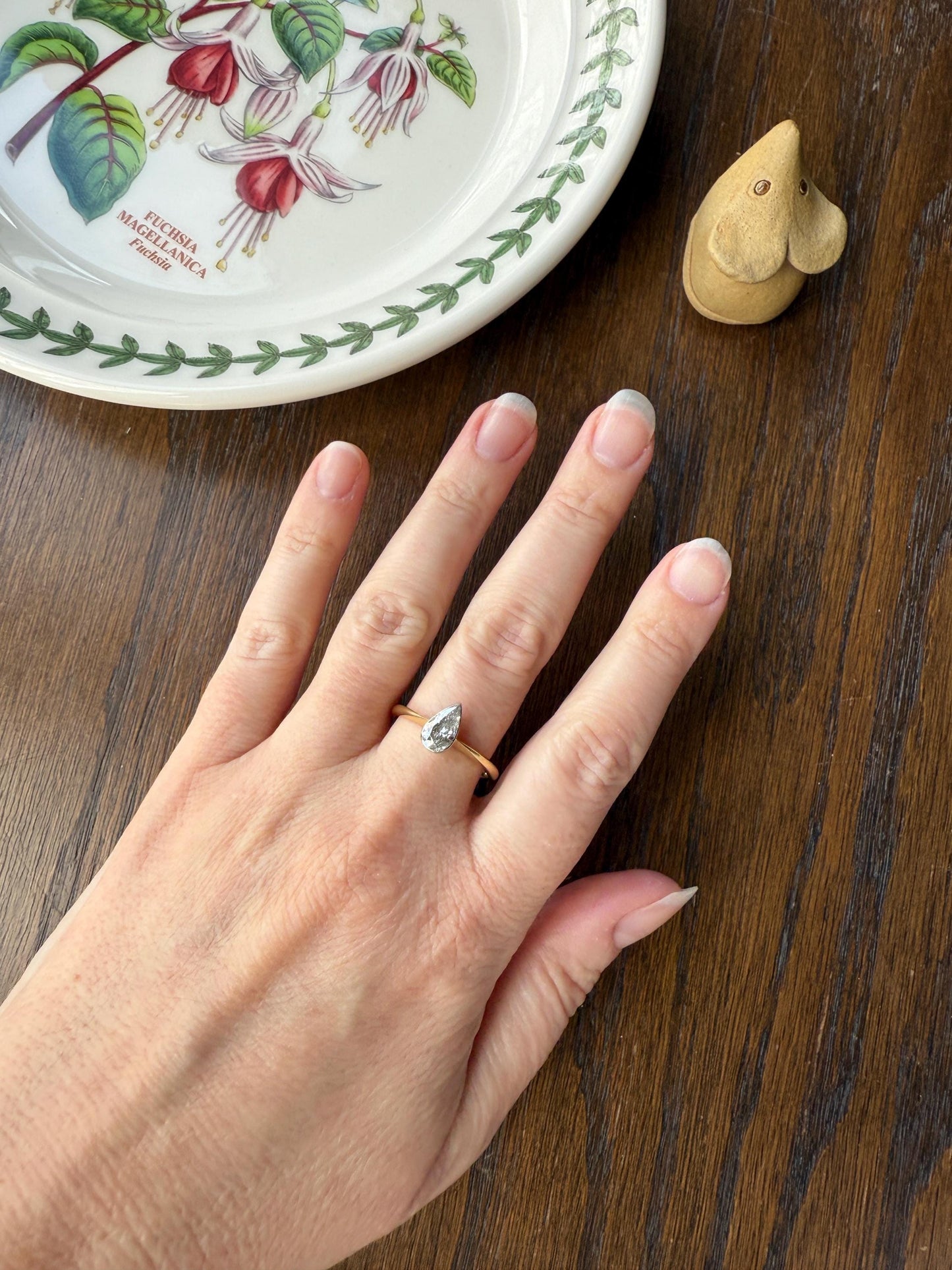 Vintage PEAR Natural Diamond Solitaire Ring One Carat 18k Gold Bezel Set Knife Edge Band Engagement Stacker