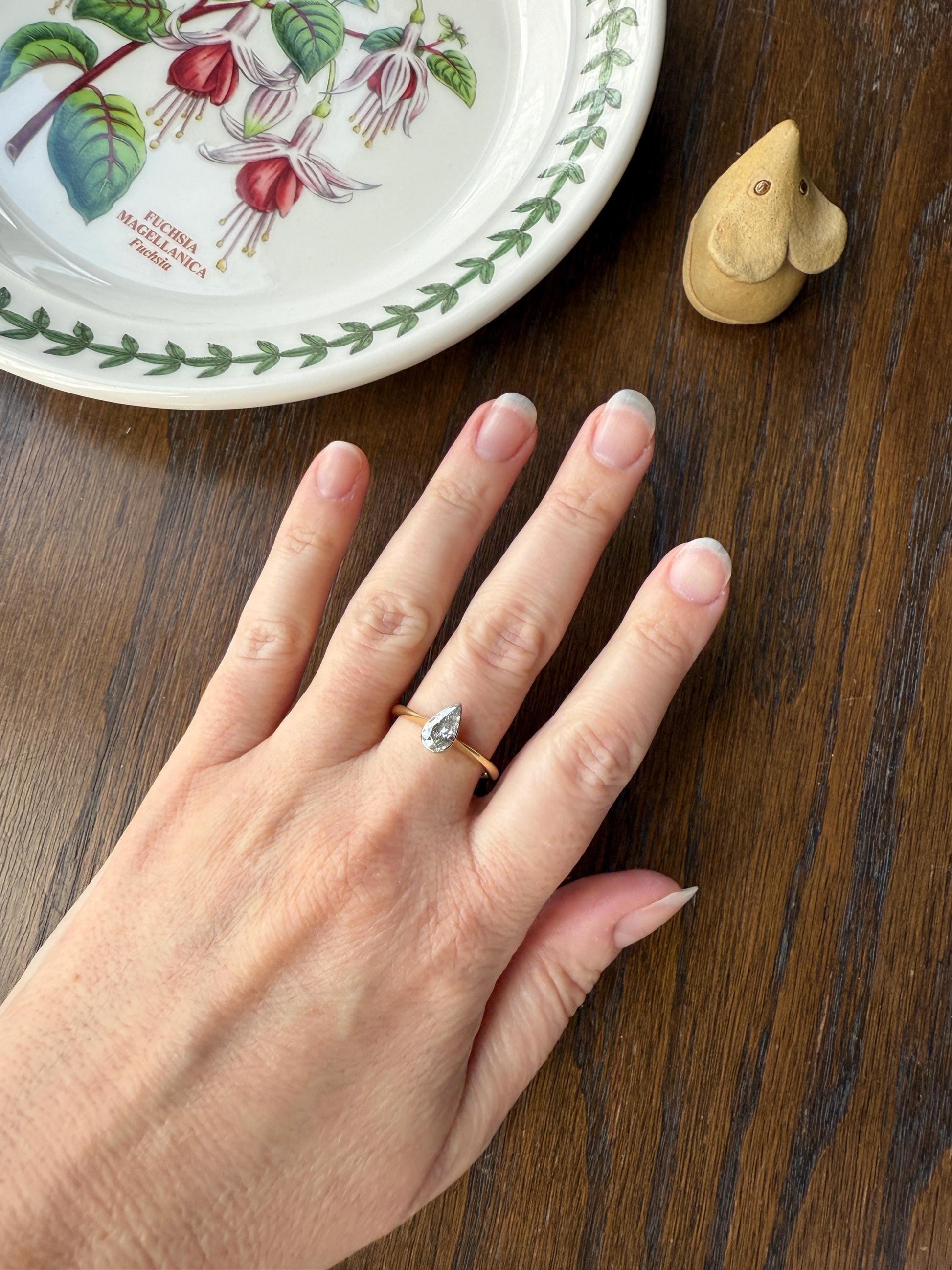 Vintage PEAR Natural Diamond Solitaire Ring One Carat 18k Gold Bezel Set Knife Edge Band Engagement Stacker